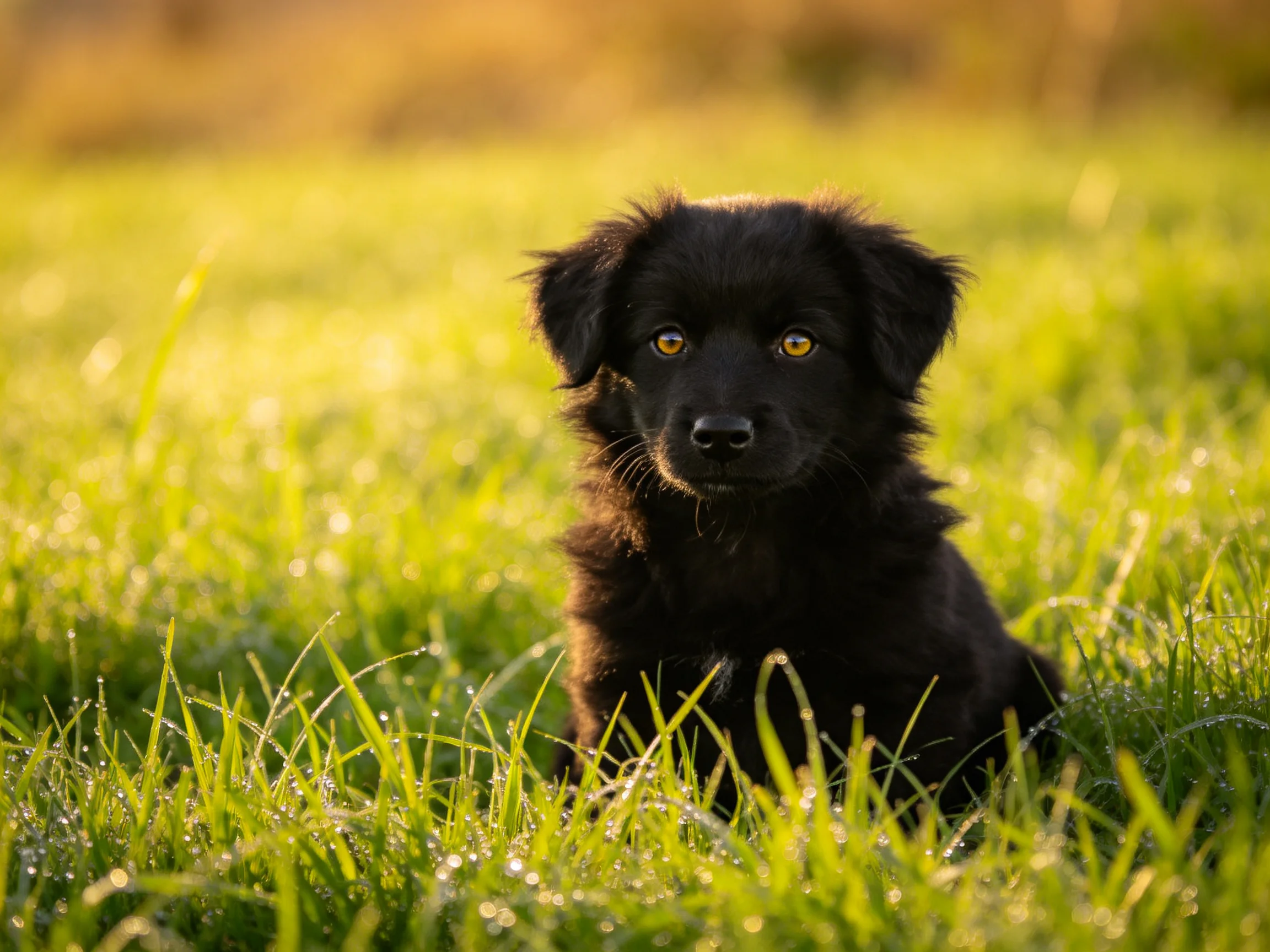 A small black puppy sits calmly among dew-laden grass blades.