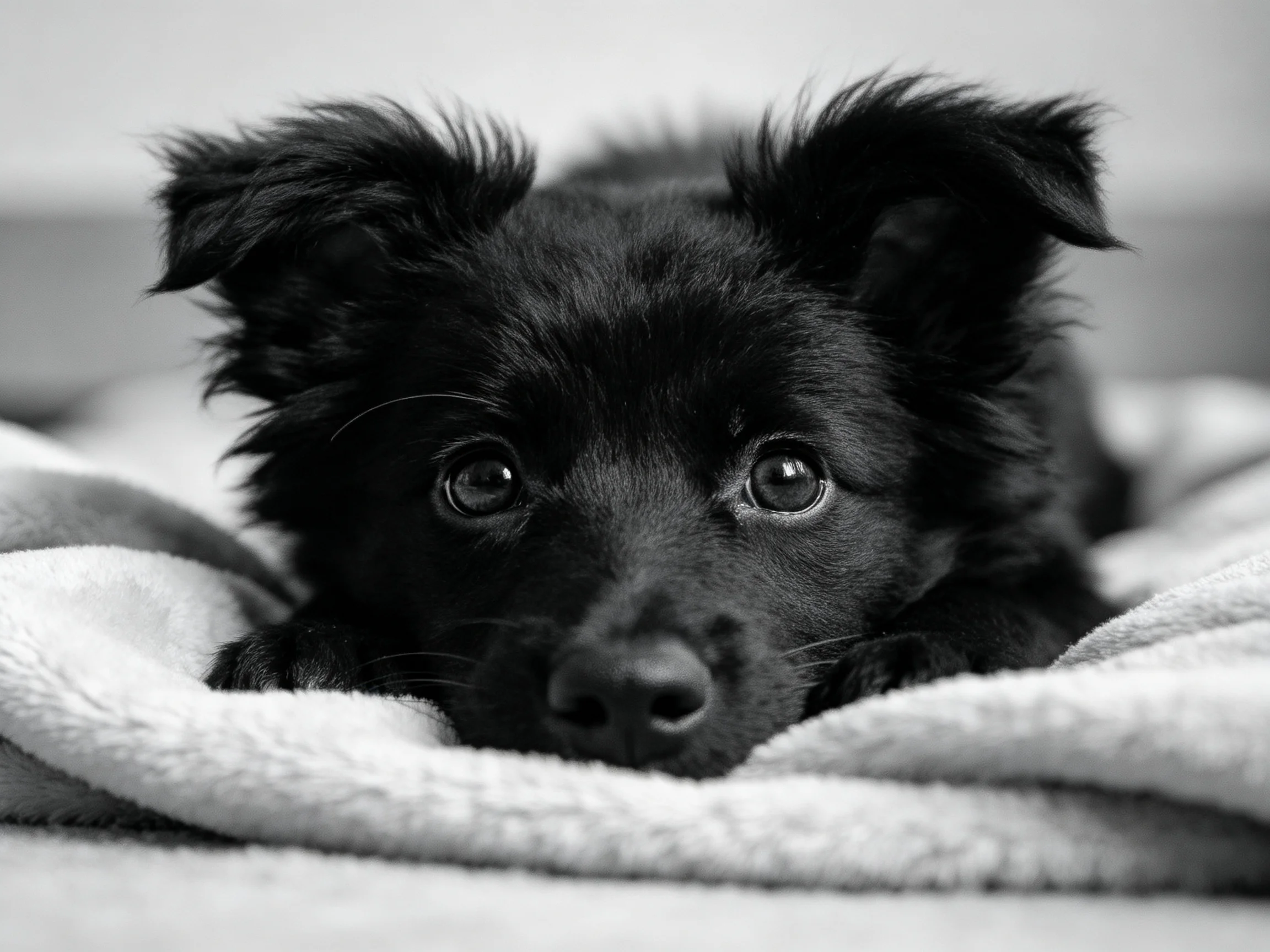 A small black puppy lies on a soft white blanket.