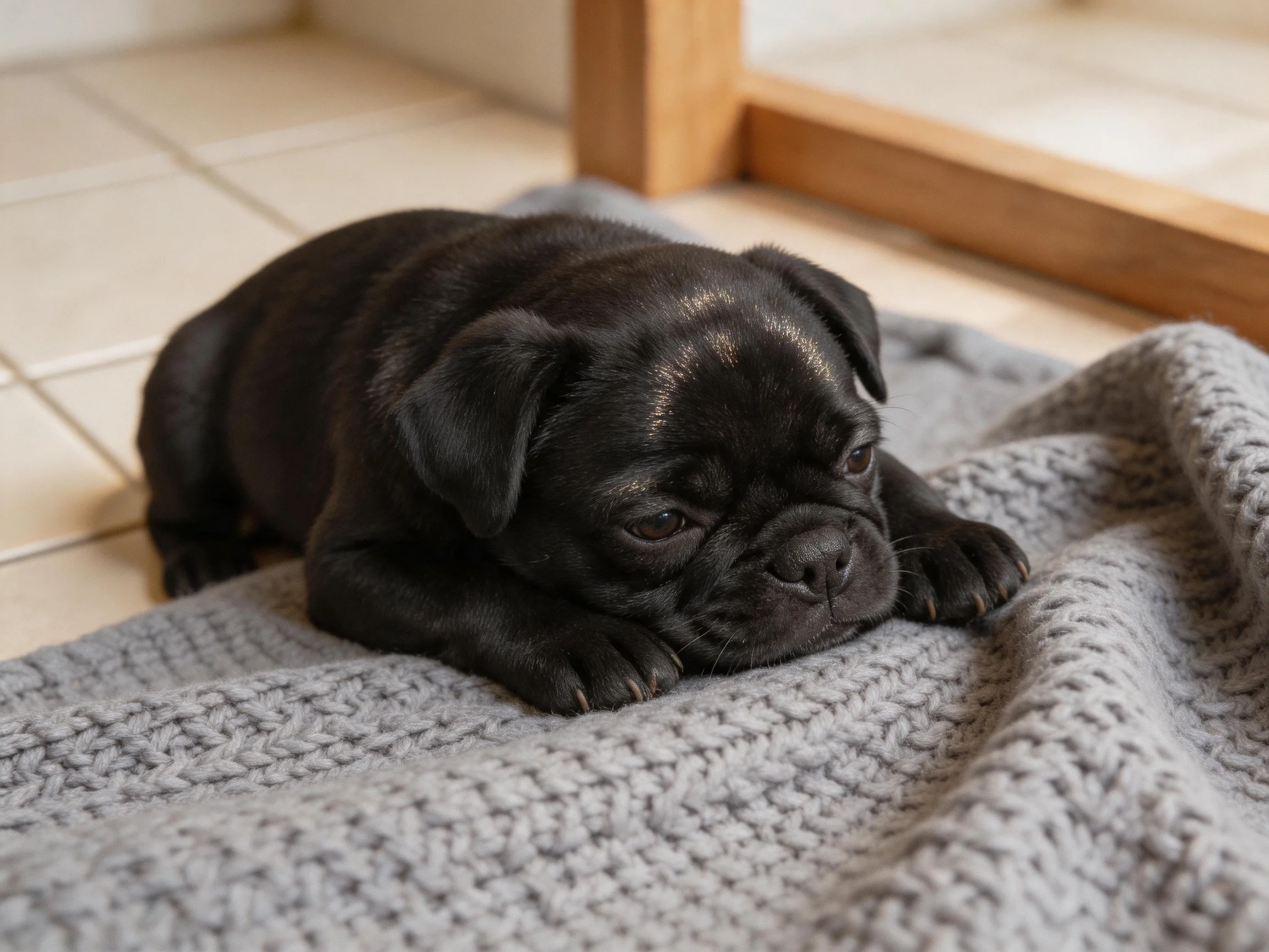 A small black puppy lies on a gray blanket in an indoor space.