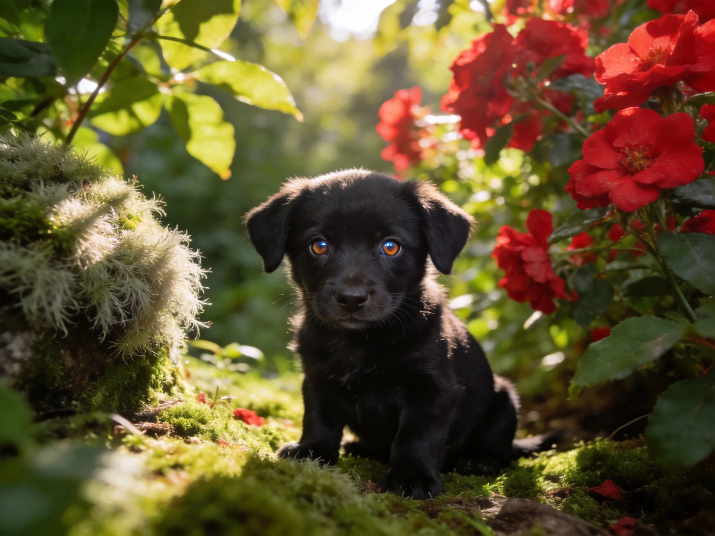 A small black puppy sits amid red flowers and moss in a sunlit garden.
