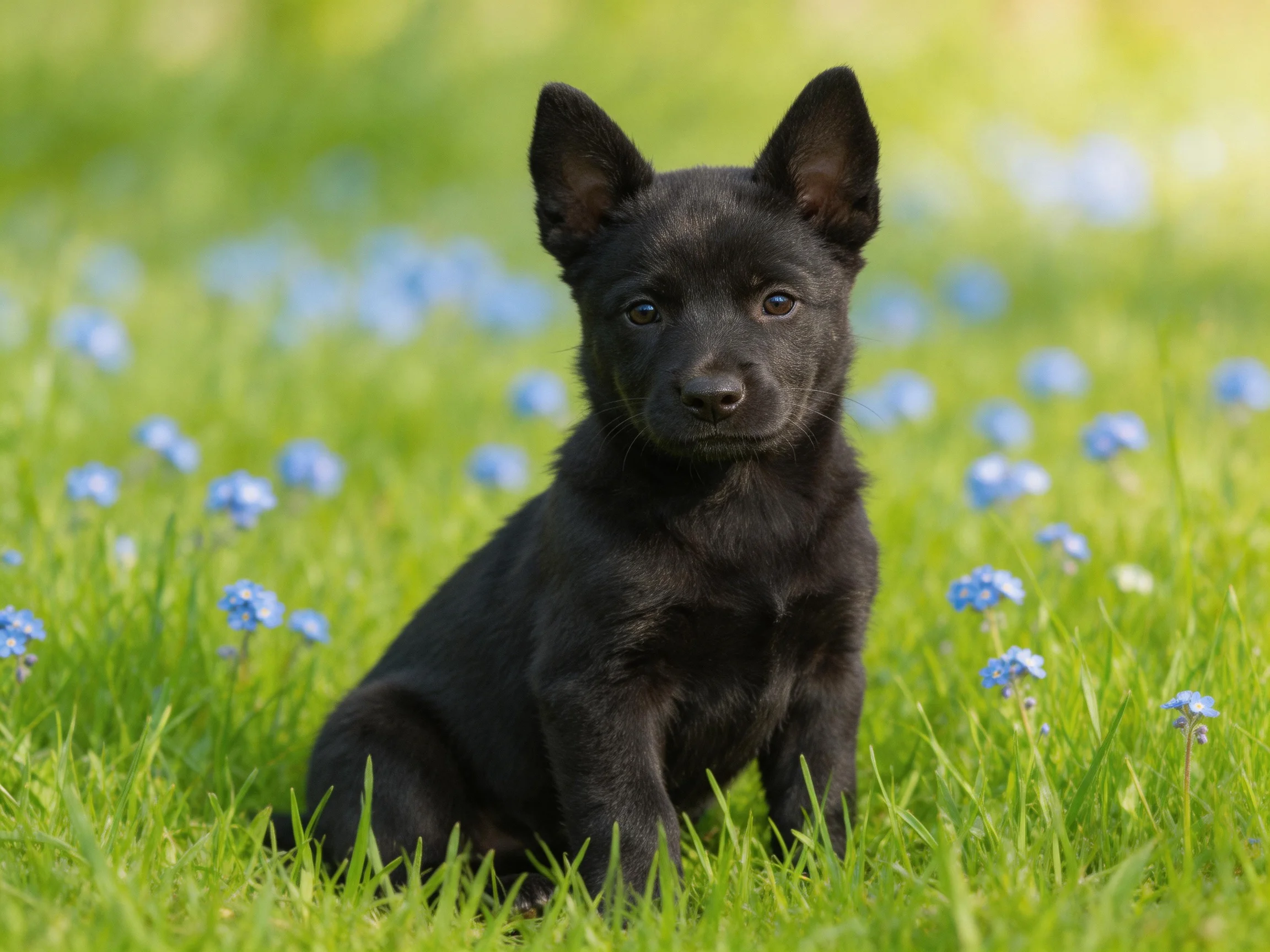 A small black puppy sits calmly amidst green grass and blue flowers.