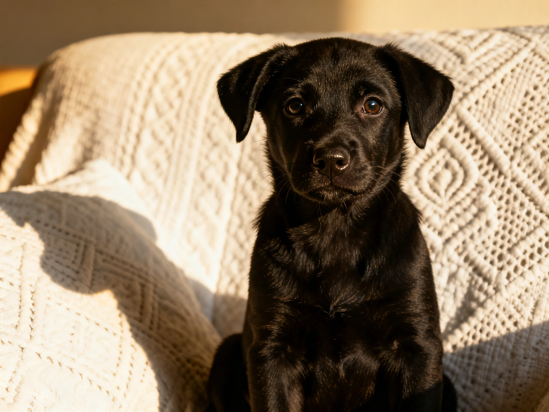 A small black puppy sits calmly on a cream - colored couch.