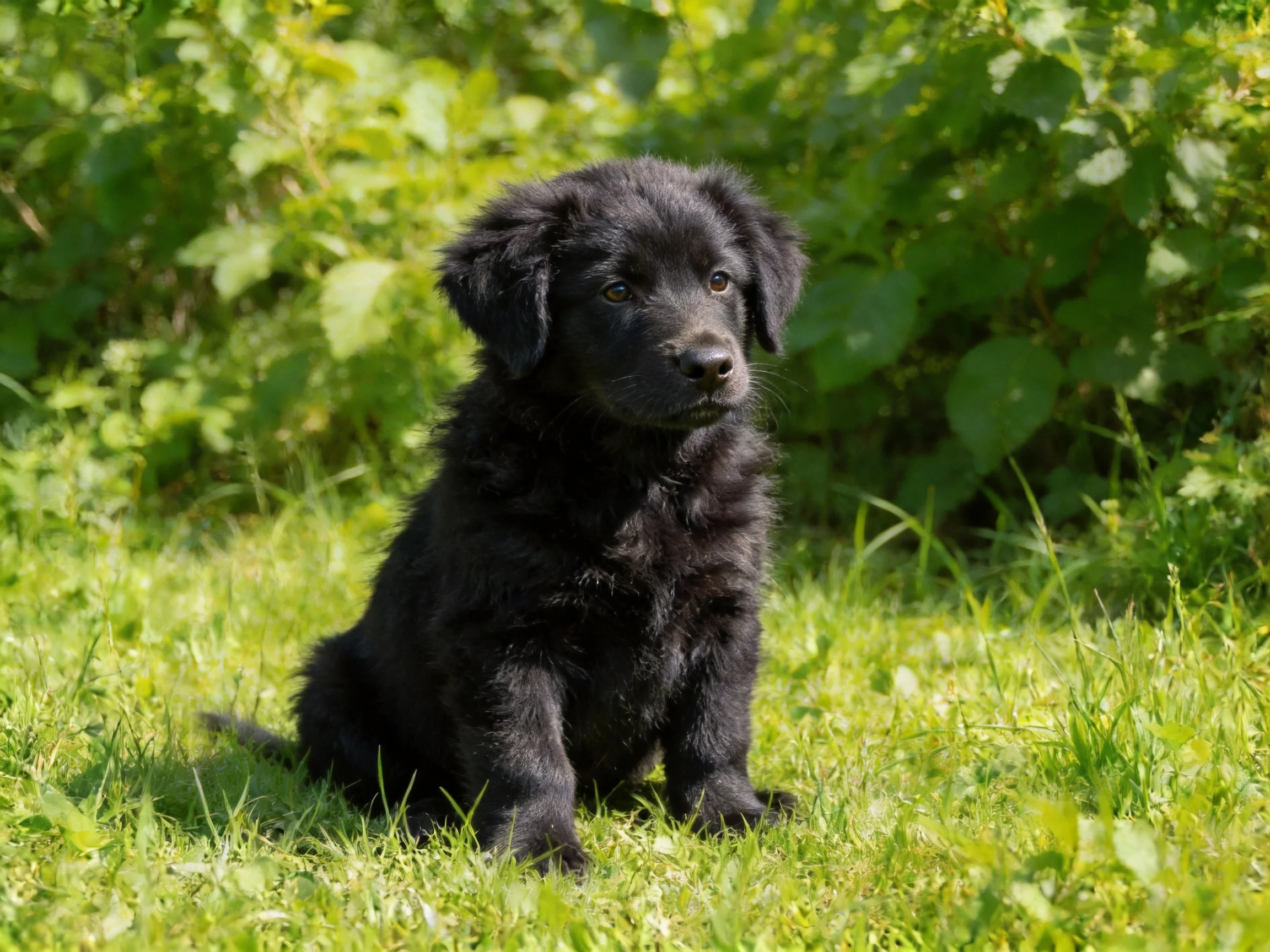 A small black puppy sits on bright green grass amid thick greenery