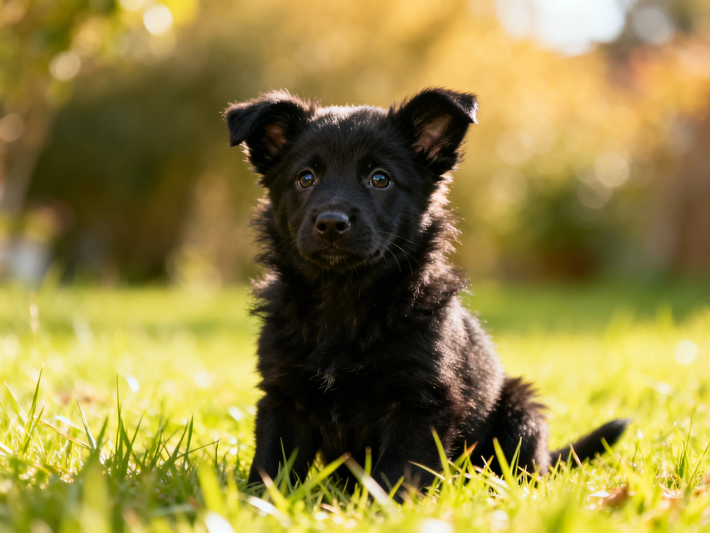 A small black puppy sitting on lush green grass in a sunlit outdoor area