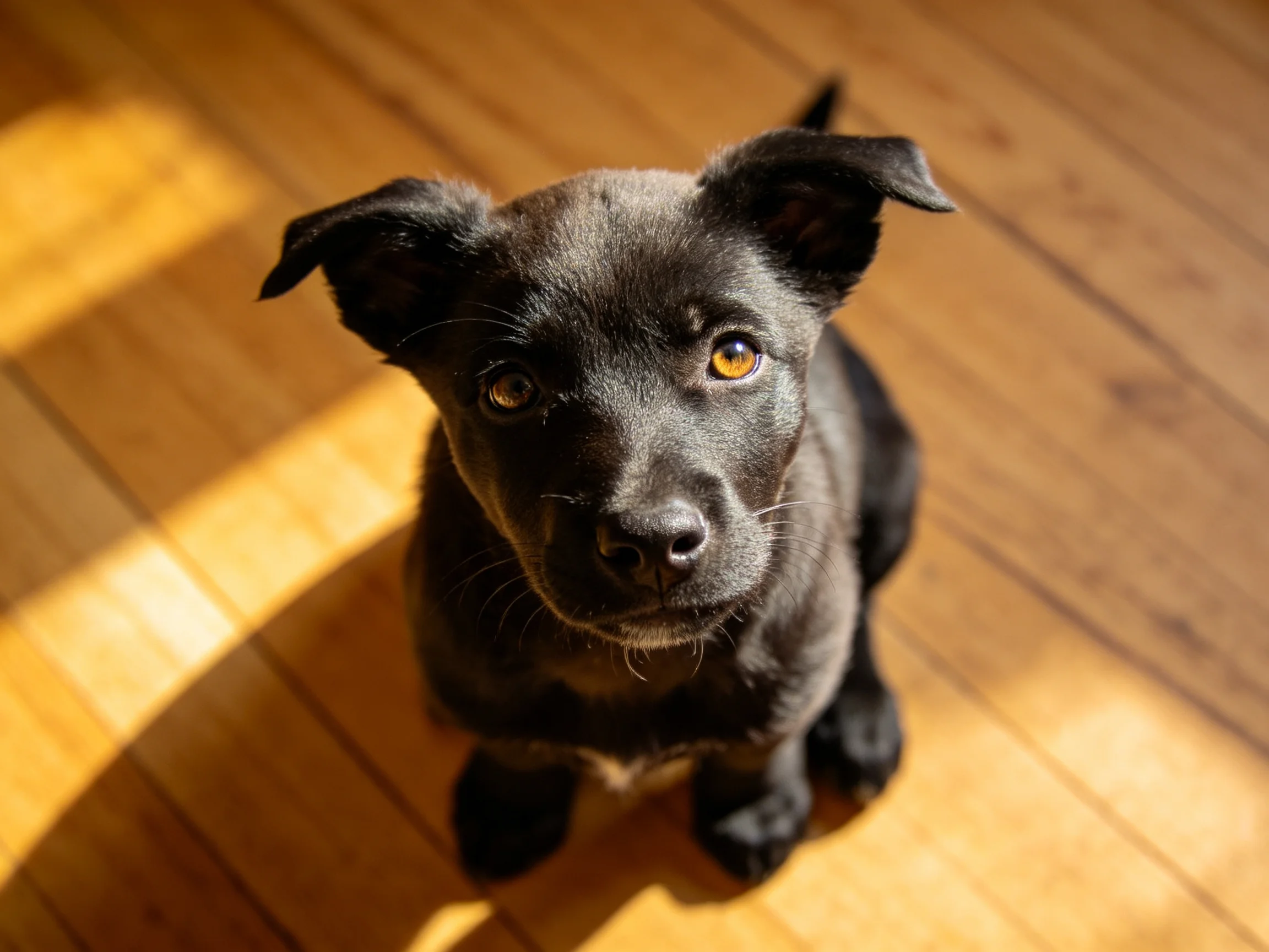 A small black puppy sitting on sunlit wooden flooring