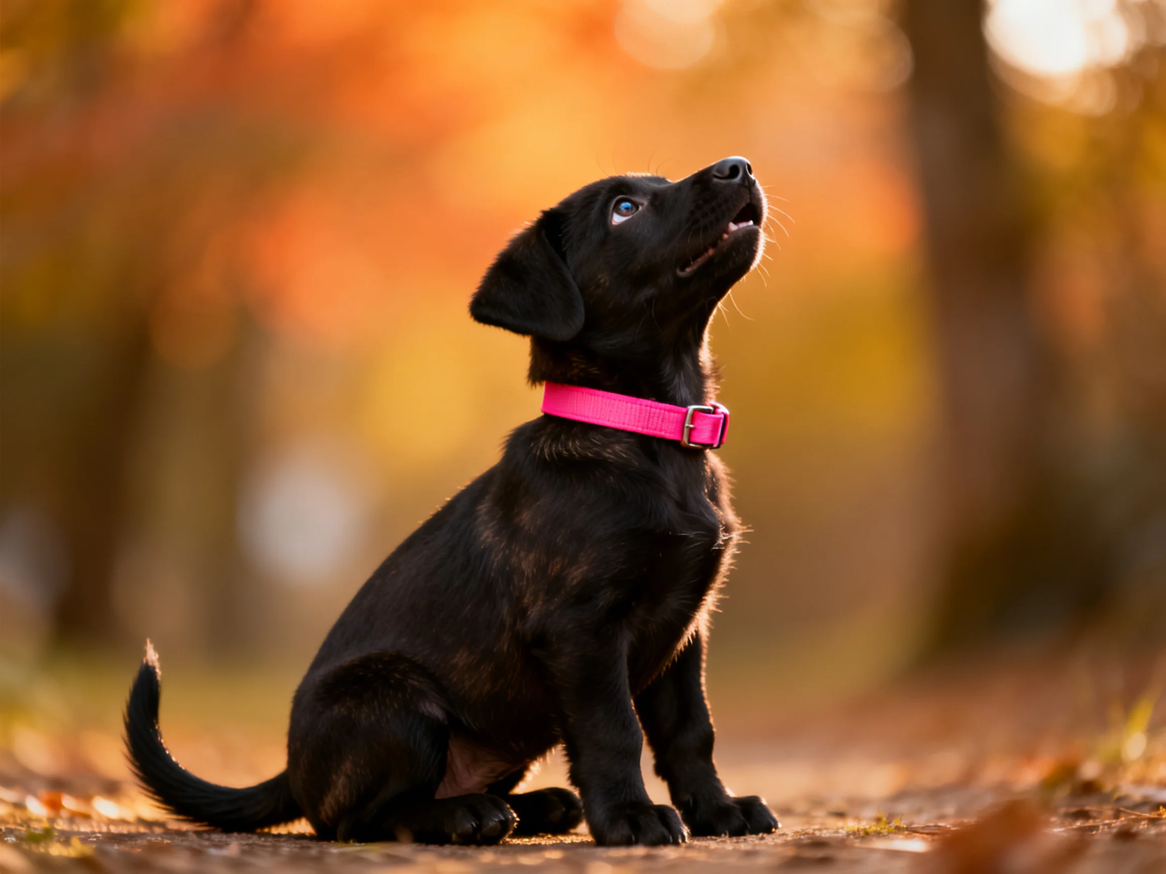 A small black puppy with a pink collar sits attentively in an autumn setting.