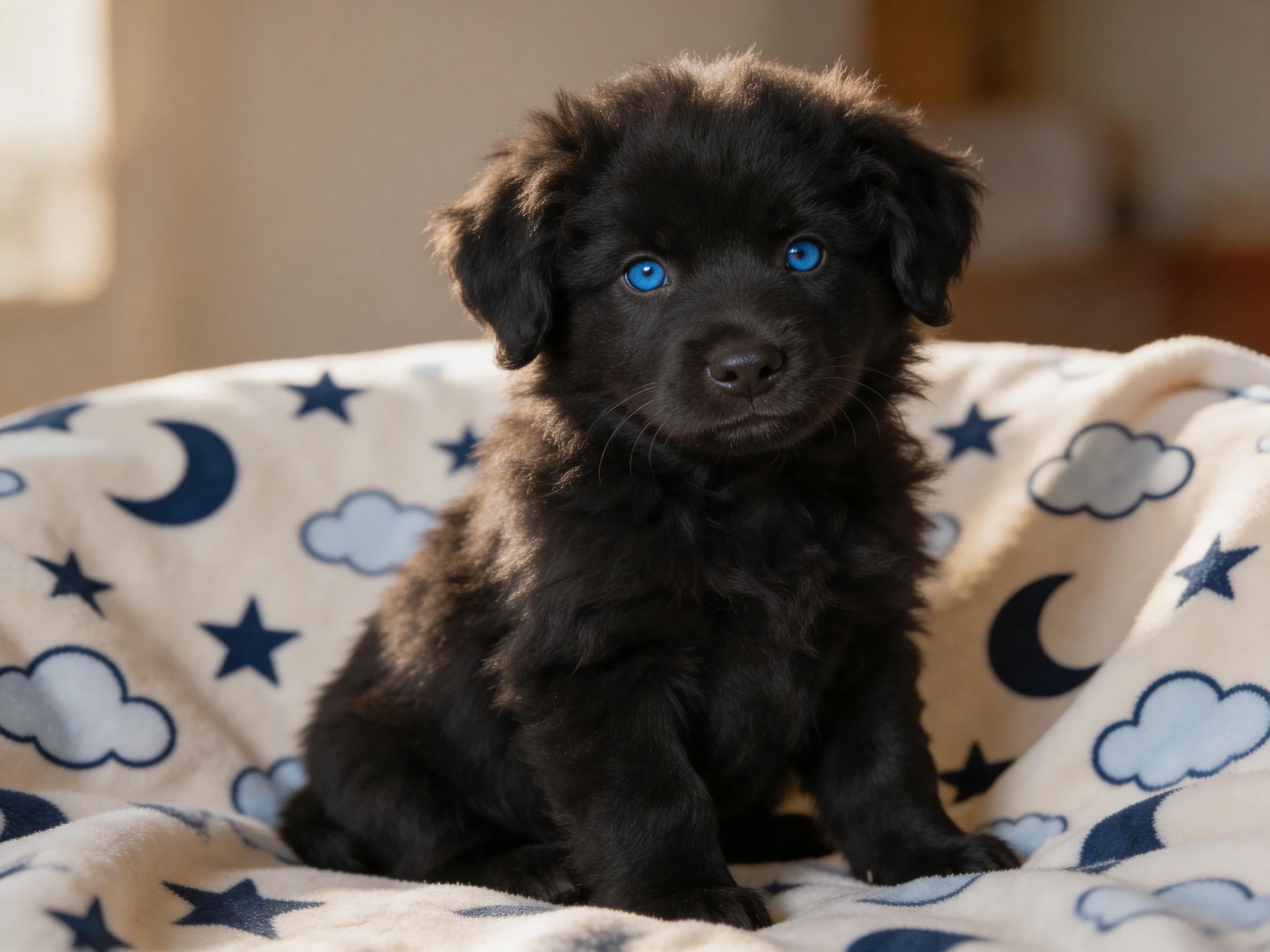 A small black puppy with blue eyes sits on astarry blanket indoors.