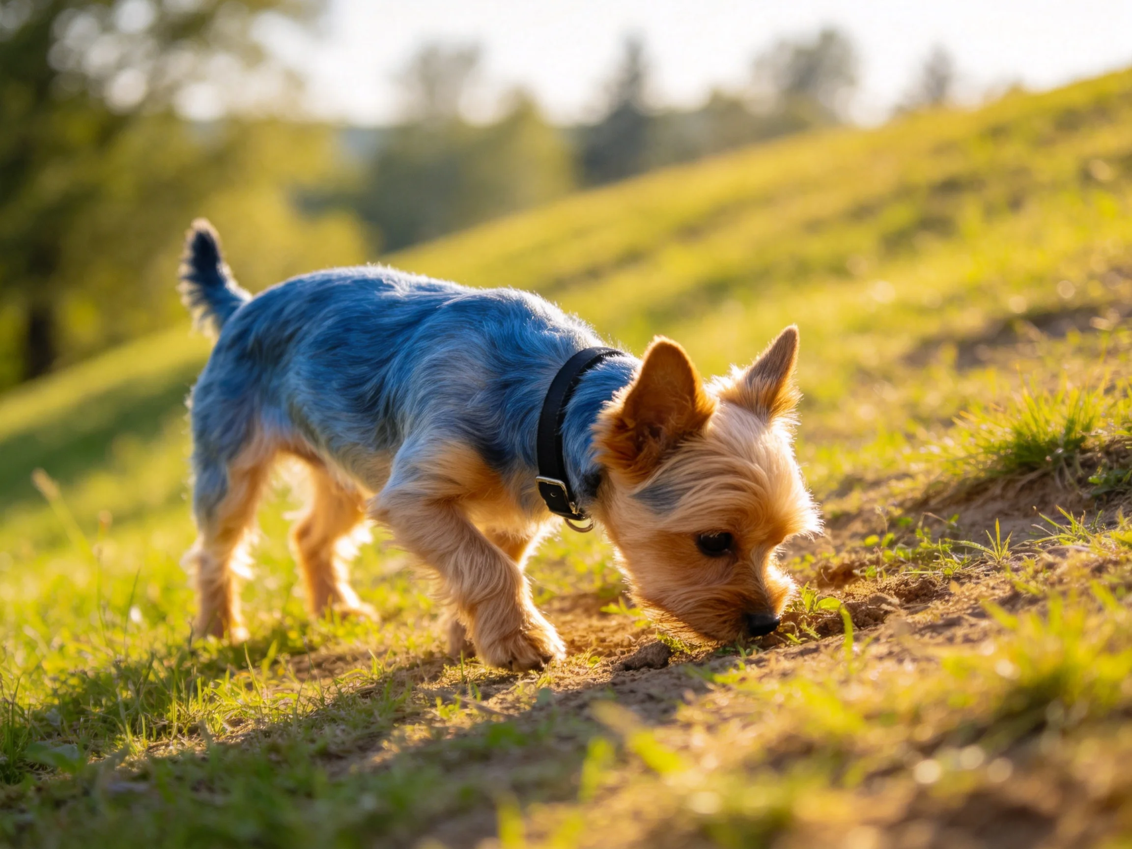 A small blue-gray and tan dog explores a sunlit grassy hillside
