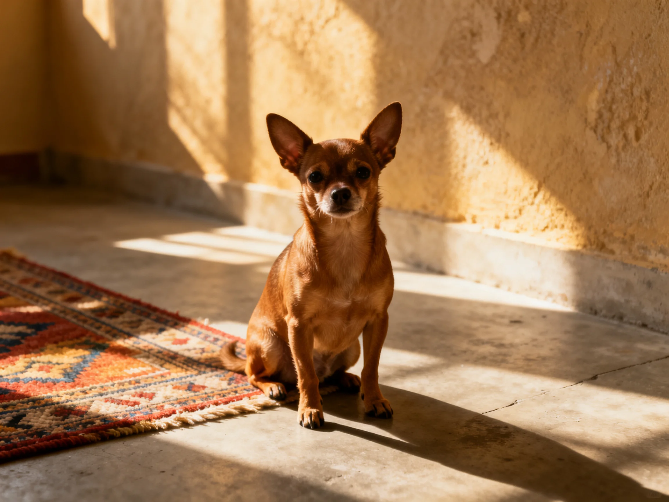 A small brown Chihuahua sits near a colorful rug by a textured wall