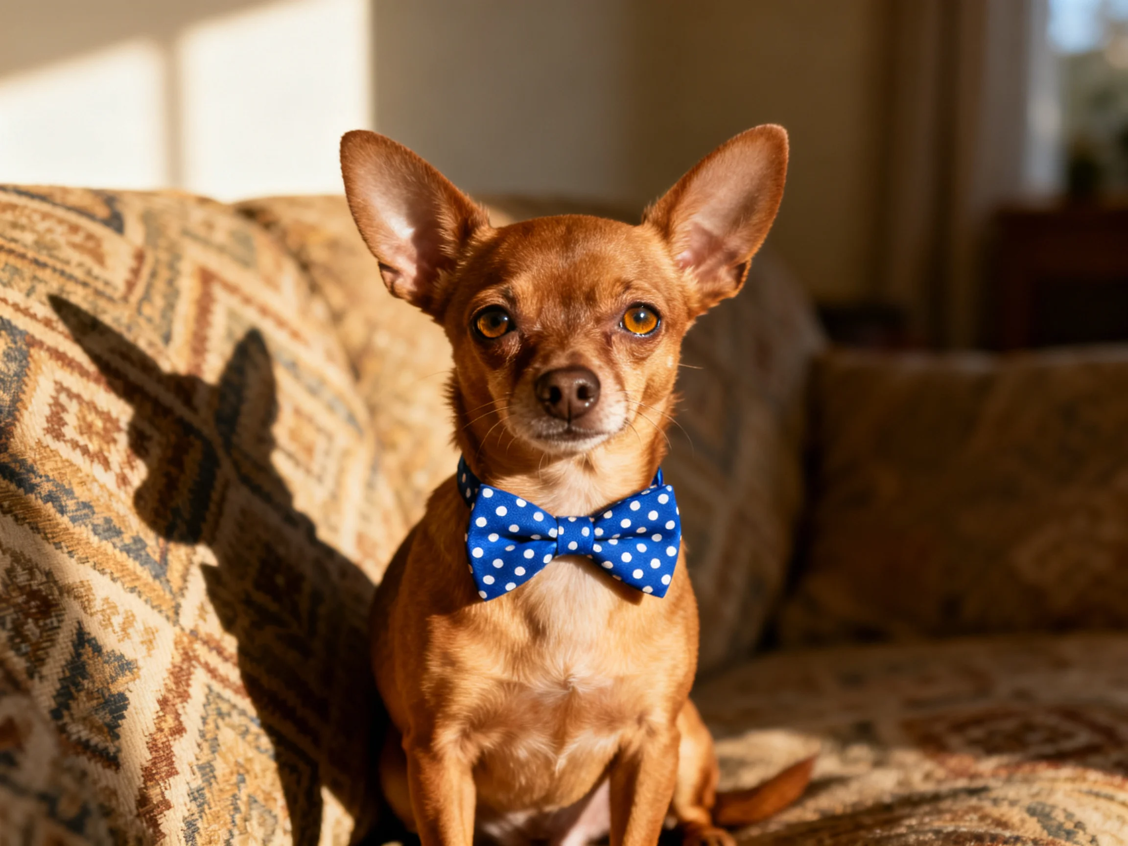A small brown Chihuahua wearing a blue polka dot bow tie sits on a patterned couch