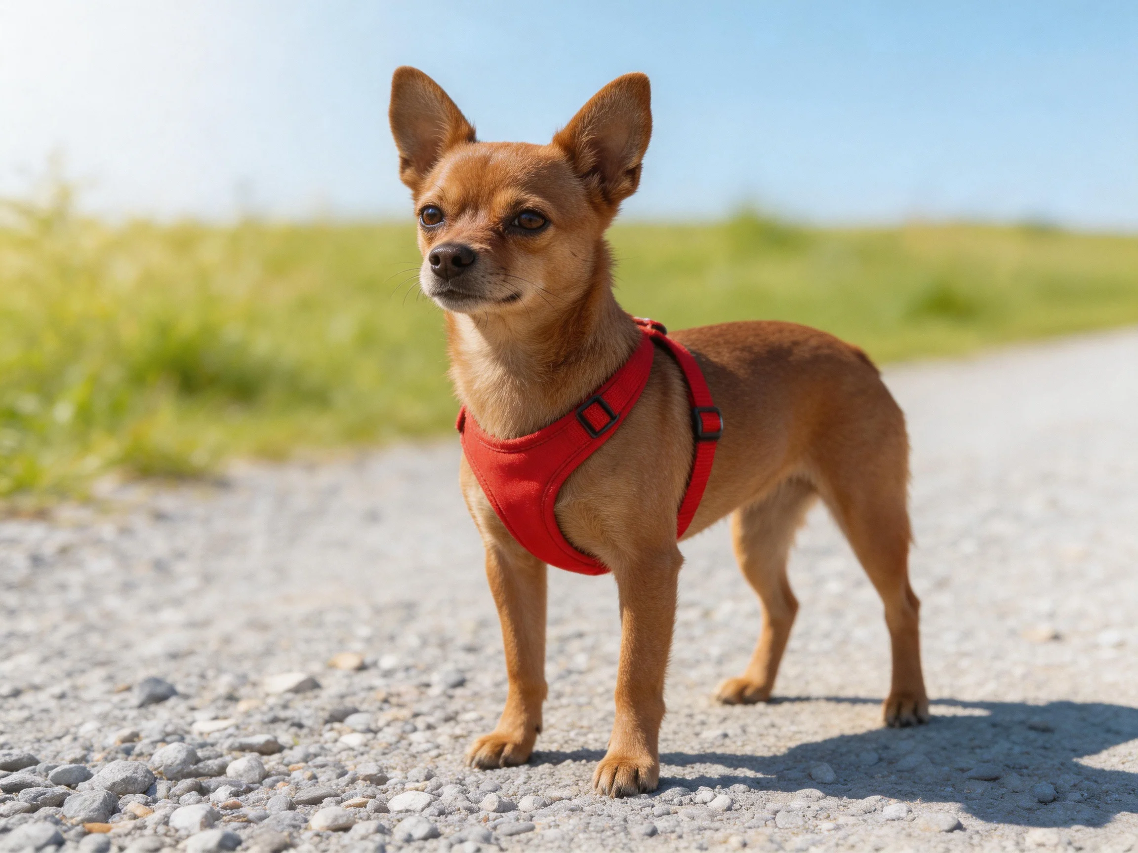 A small brown Chihuahua wearing a bright red harness stands on gravel