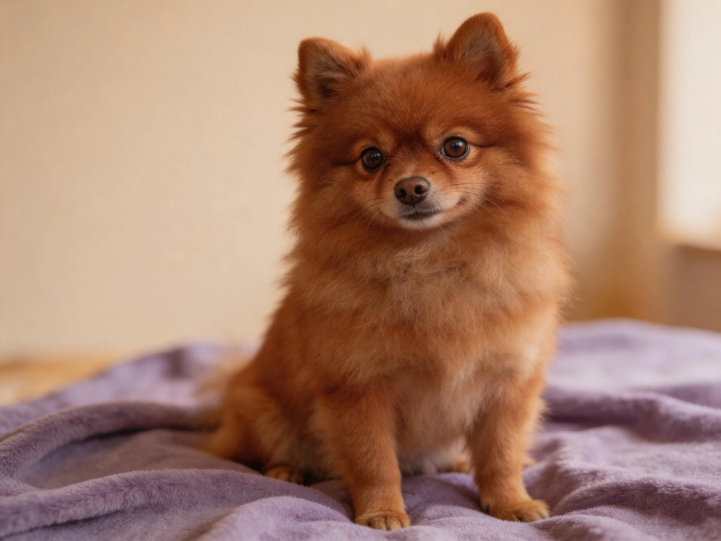 A small brown Pomeranian sits on a soft purple blanket indoors