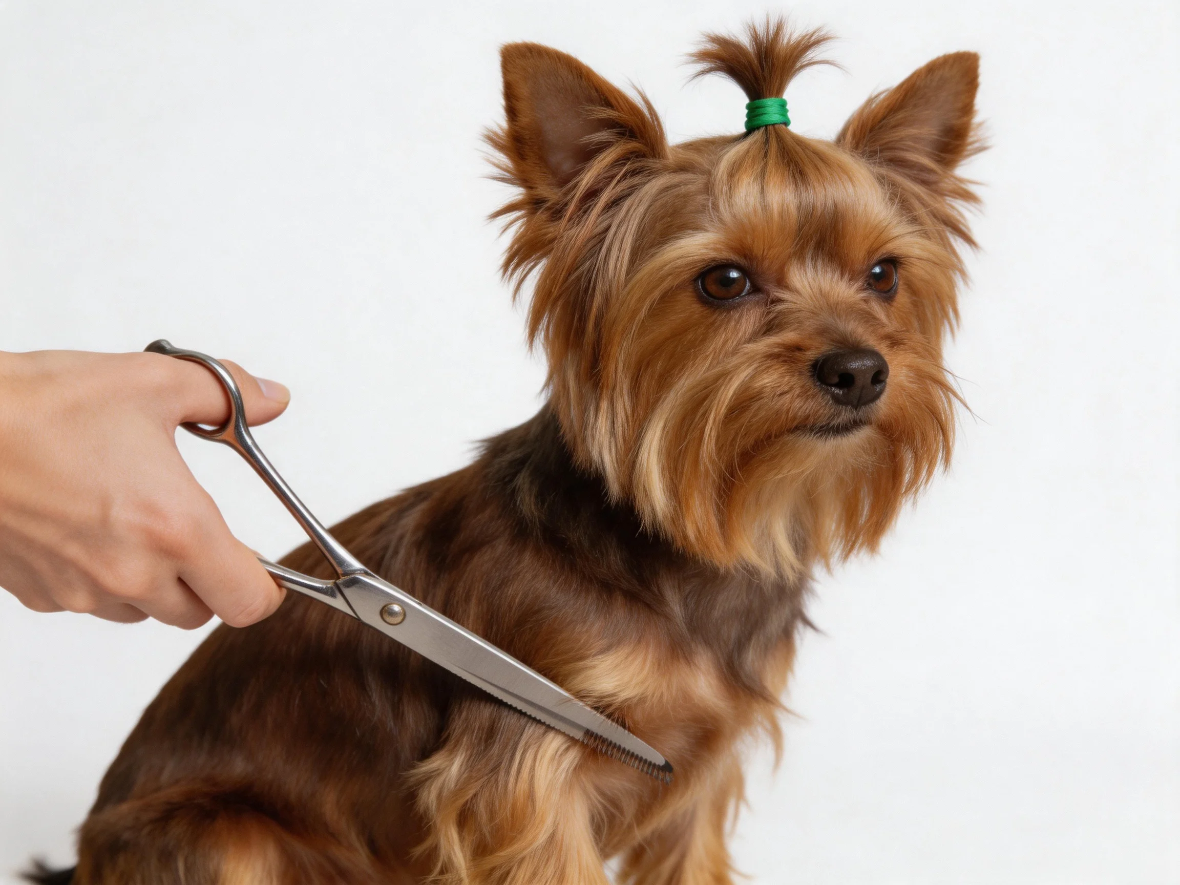 A small brown Yorkshire Terrier getting groomed with silver scissors