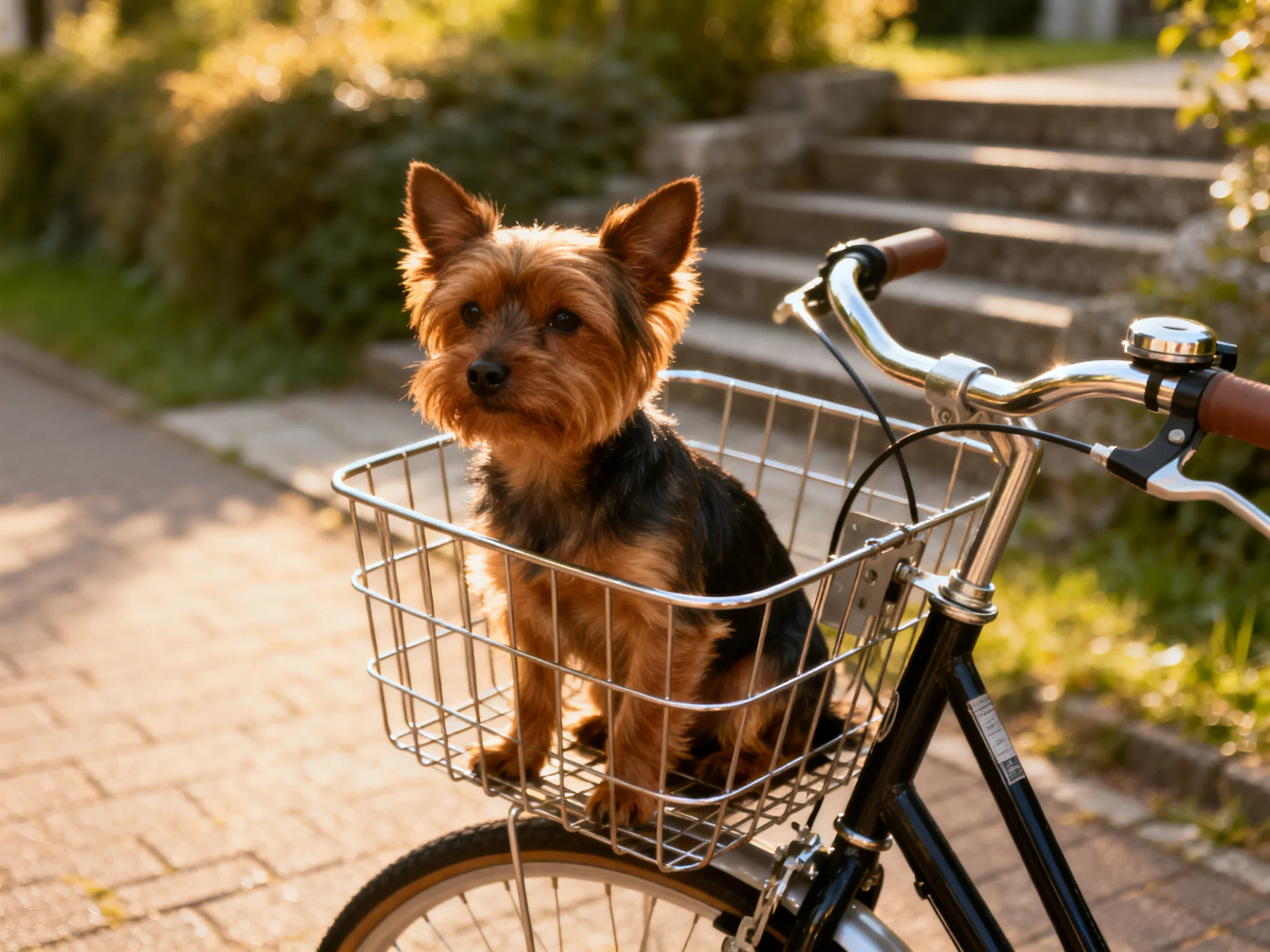 A small dog sits in a bicycle’s front basket near stone steps in a sunny outdoor setting.