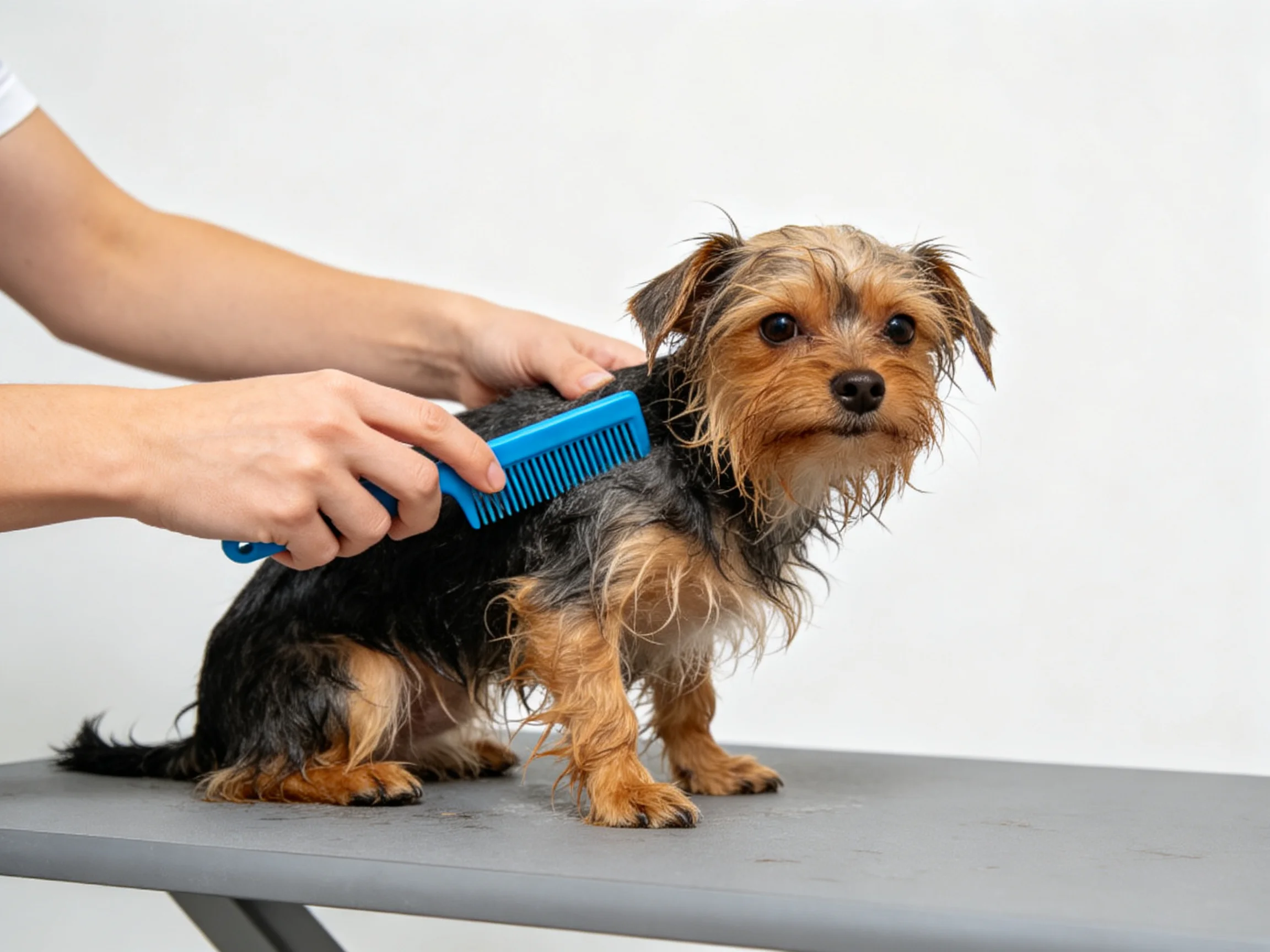 A small brown and black dog is groomed with a bright blue comb