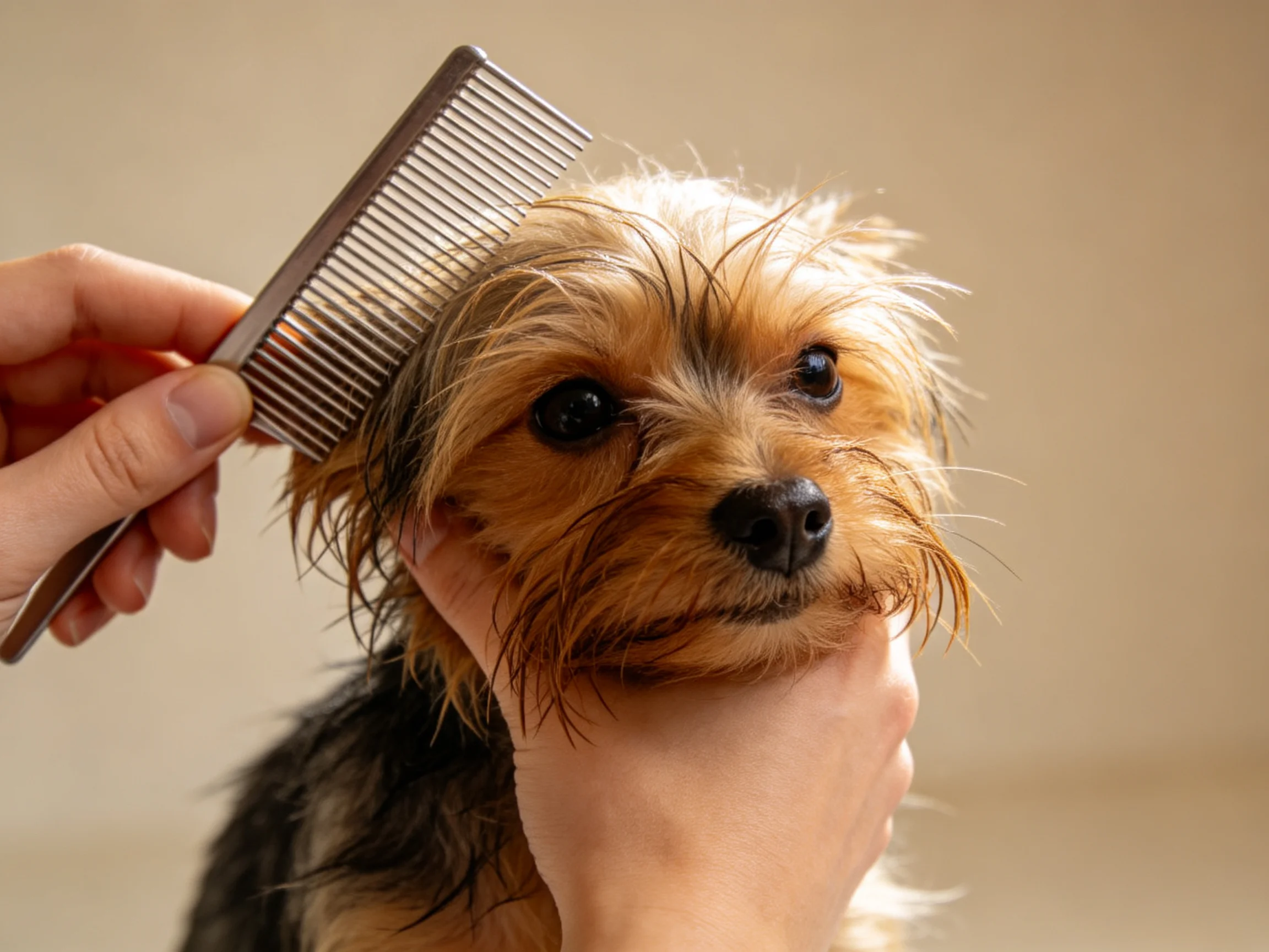A small brown and black dog is groomed with a silver comb