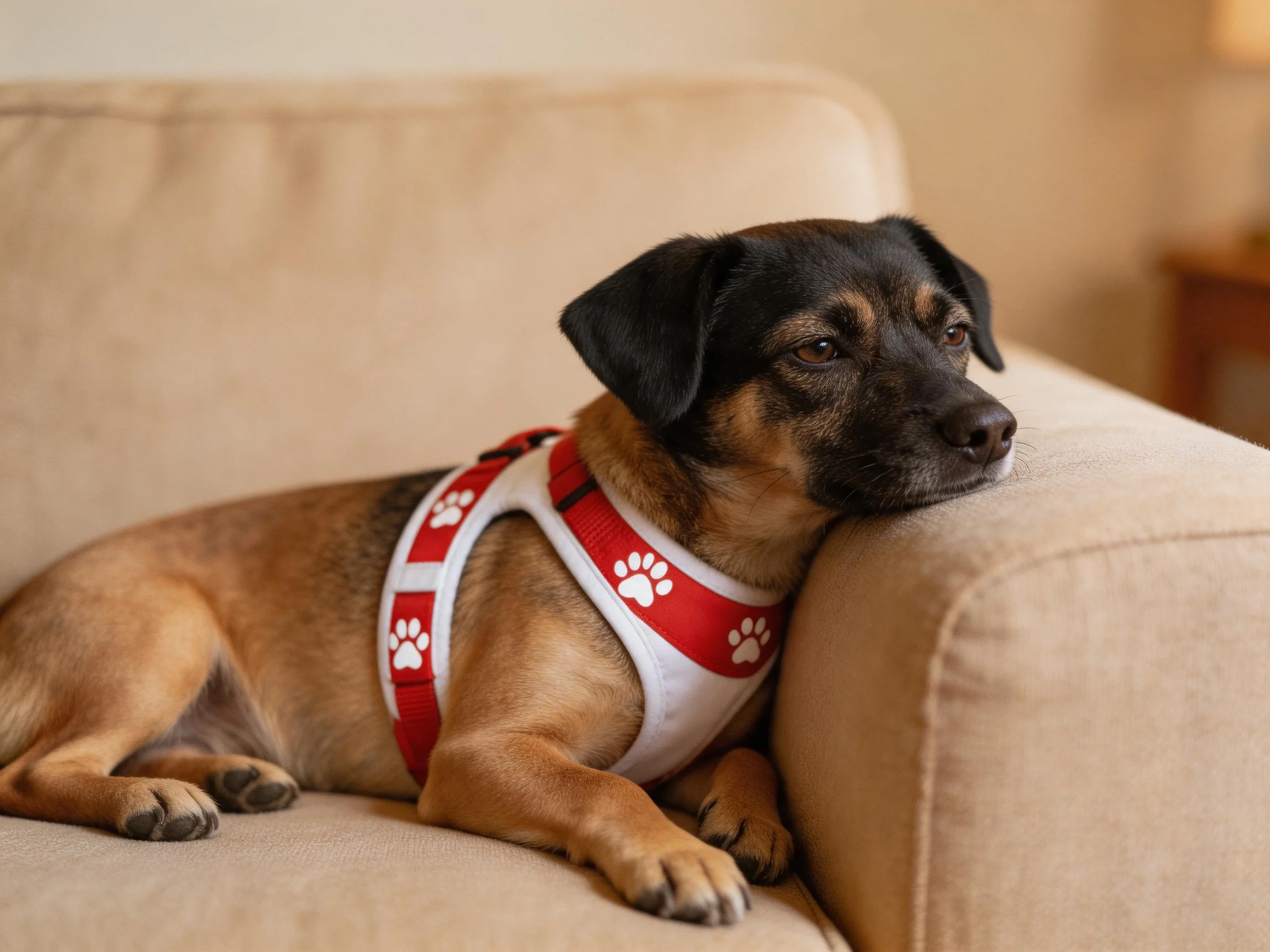 A small mixed-breed dog relaxes on a beige couch wearing a red paw-print harness.