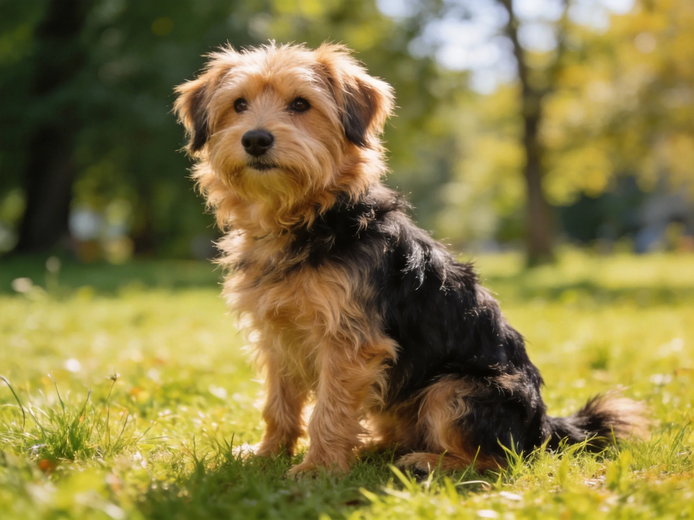 A small brown and black dog sits calmly on sunlit grass in a park.