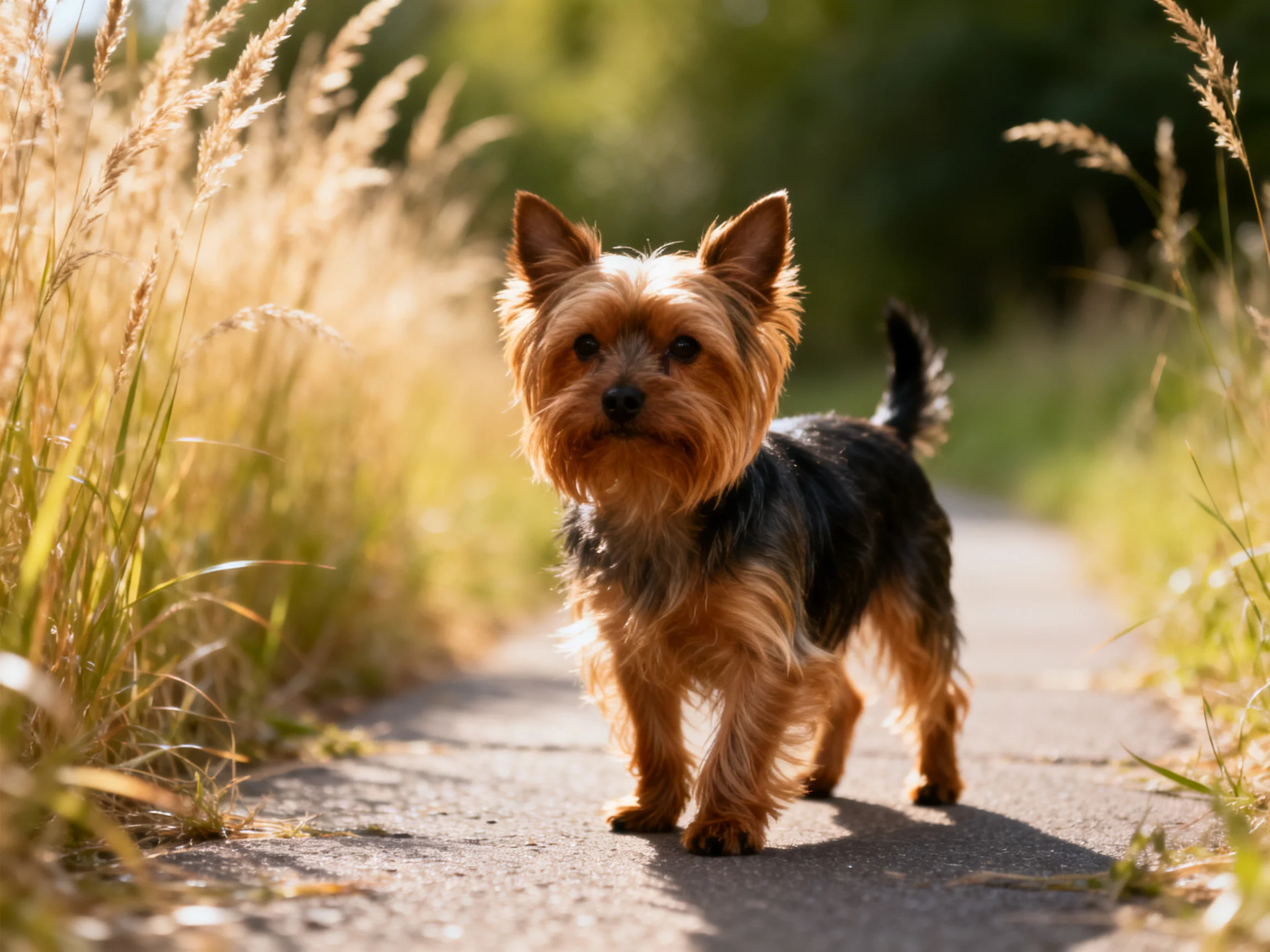 A small dog stands on a sunlit path surrounded by tall grass.