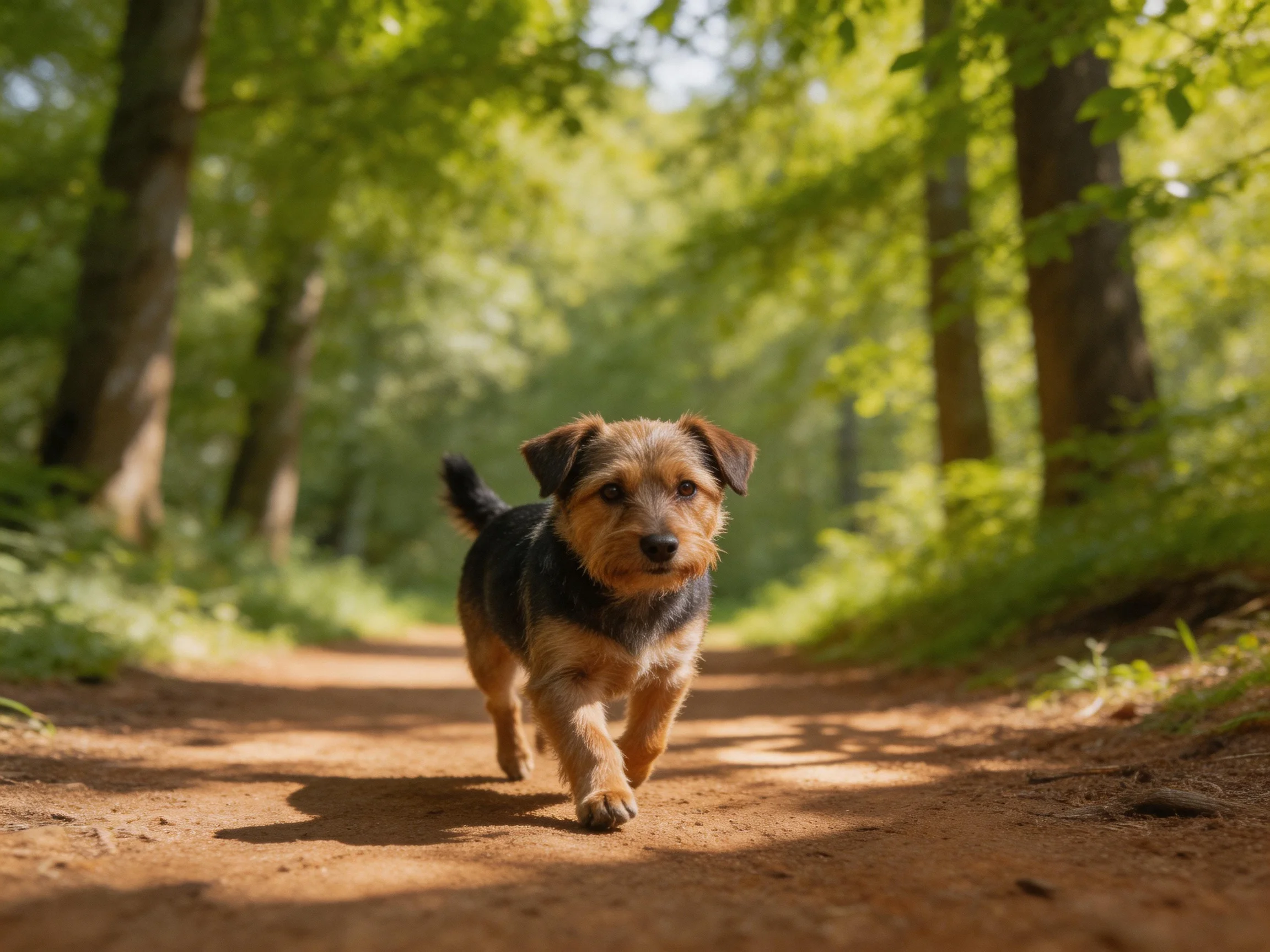 A small brown and black dog walks on a sunlit forest dirt path.