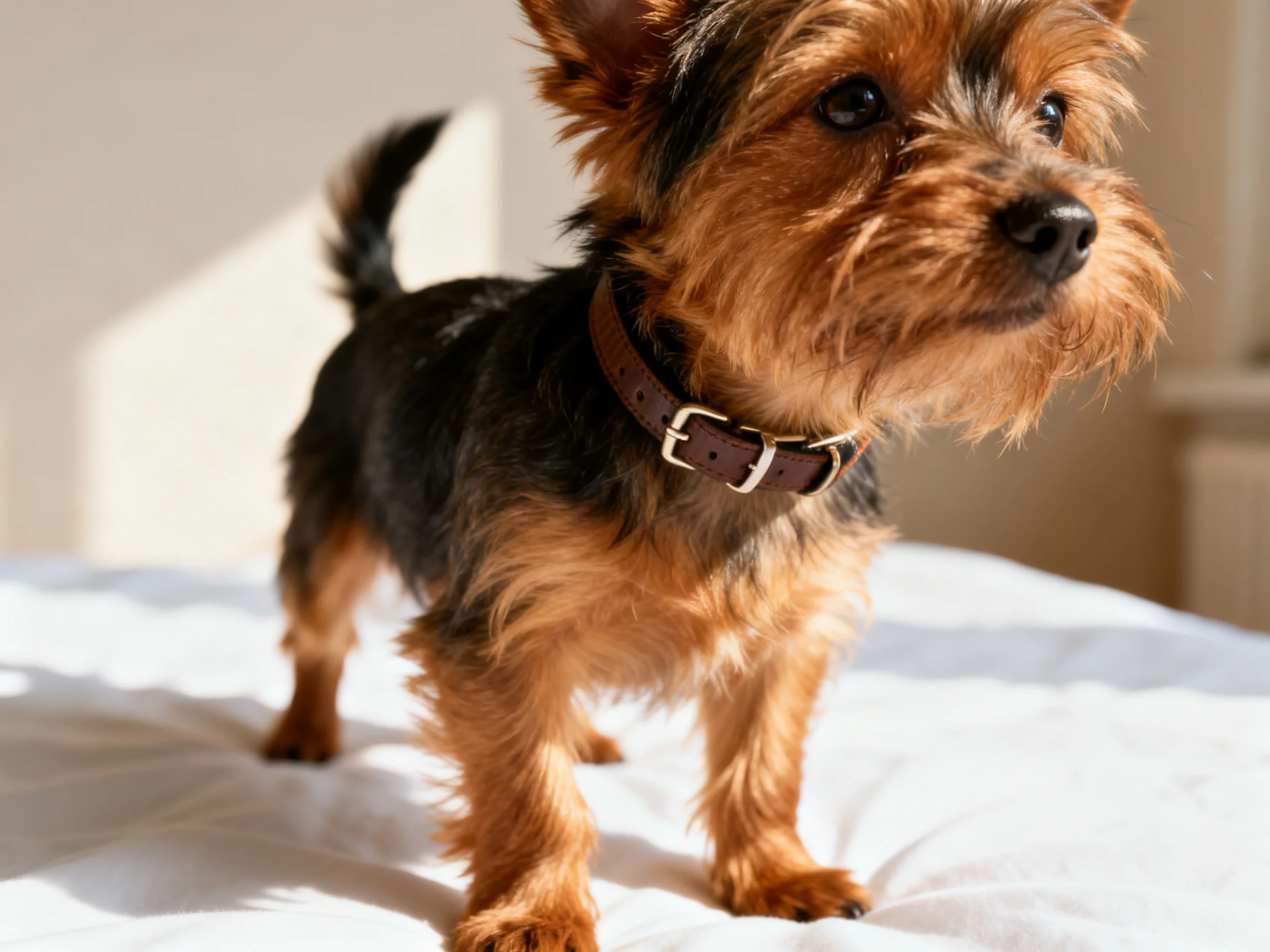 A small brown and black dog stands on a white bed.