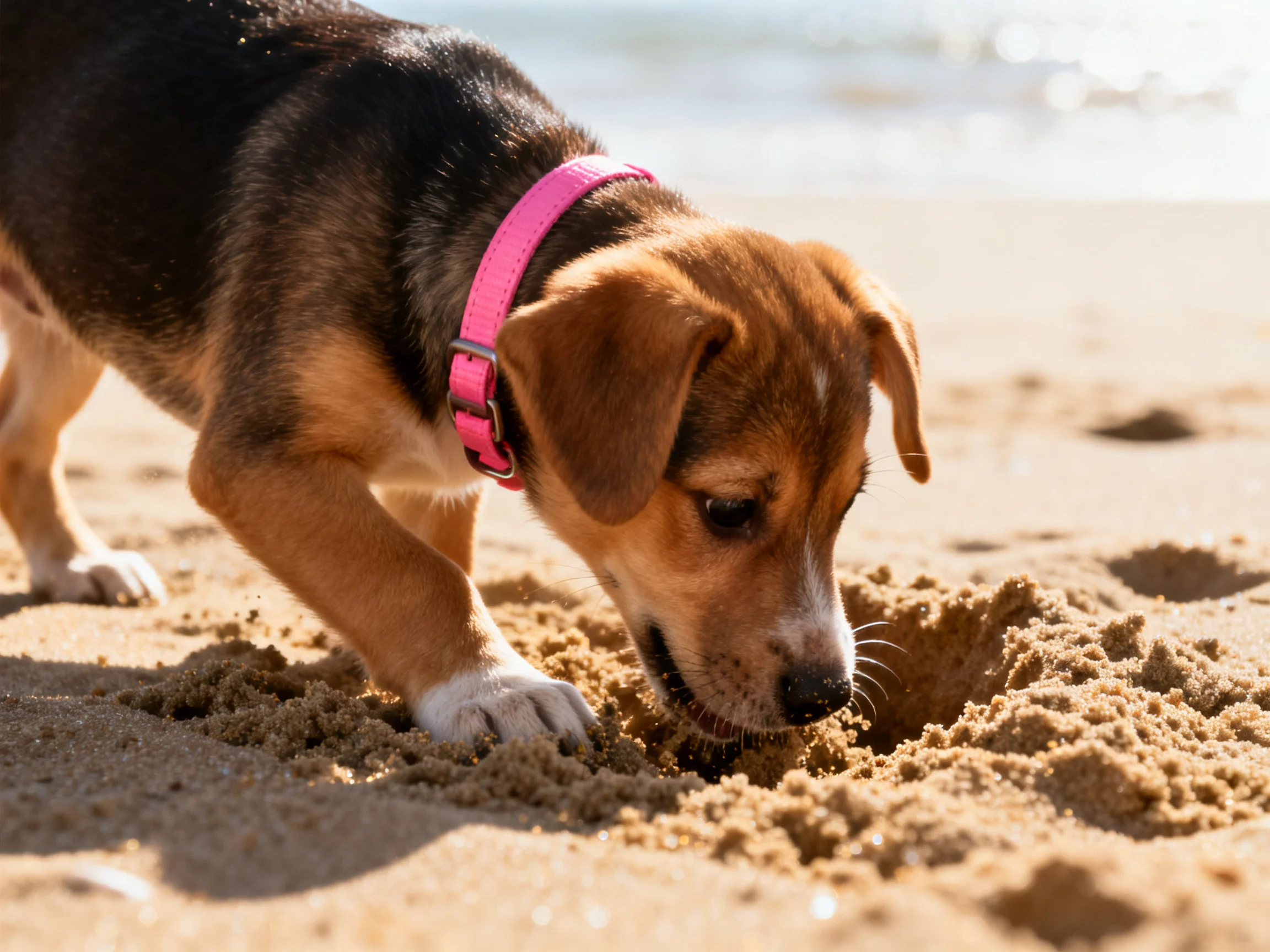 A small brown and black puppy explores sandy beach sand near the shoreline.
