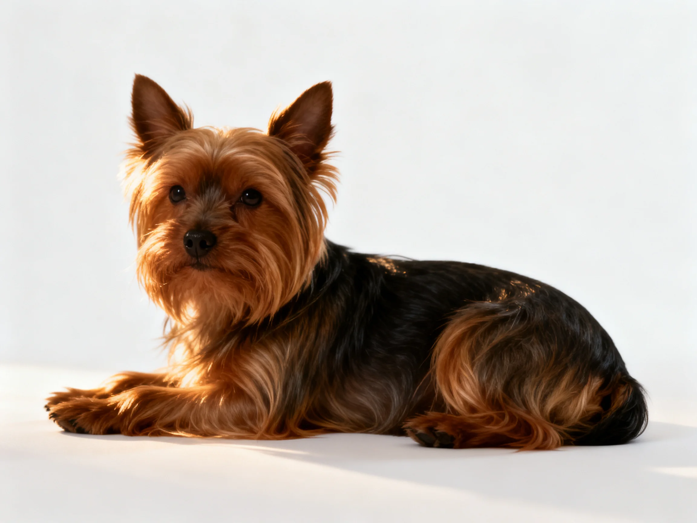 A small brown and black terrier resting on a plain white surface
