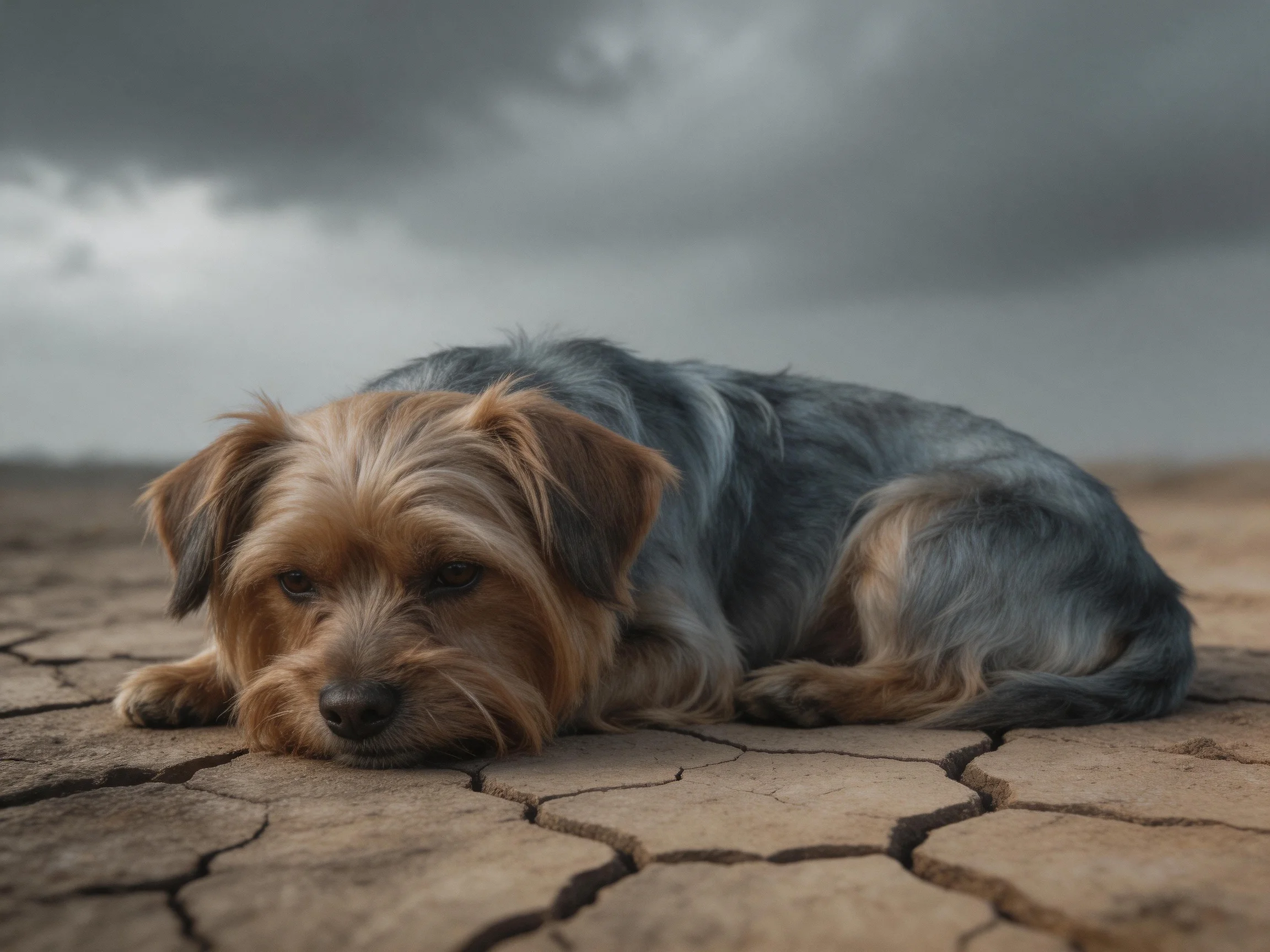 A small dog rests on cracked ground amid gloomy conditions.