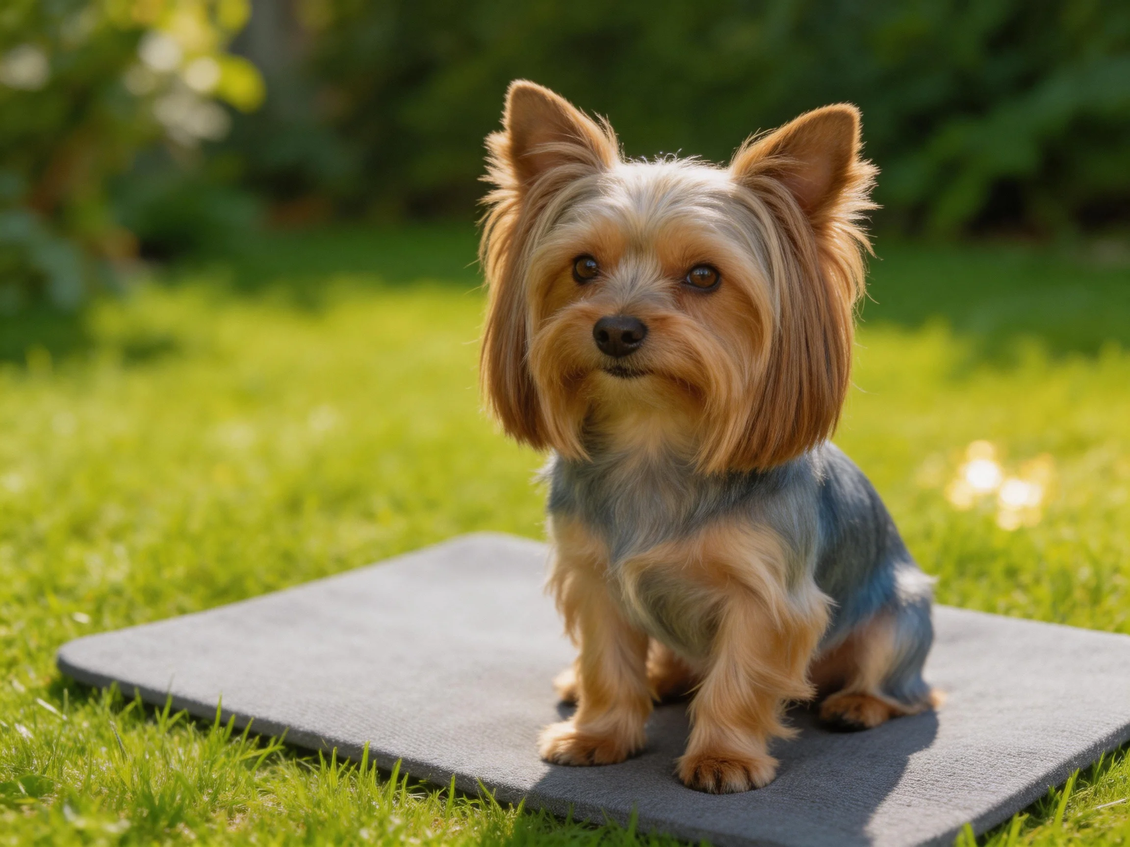 A small dog sits on a gray mat in a sunlit garden.