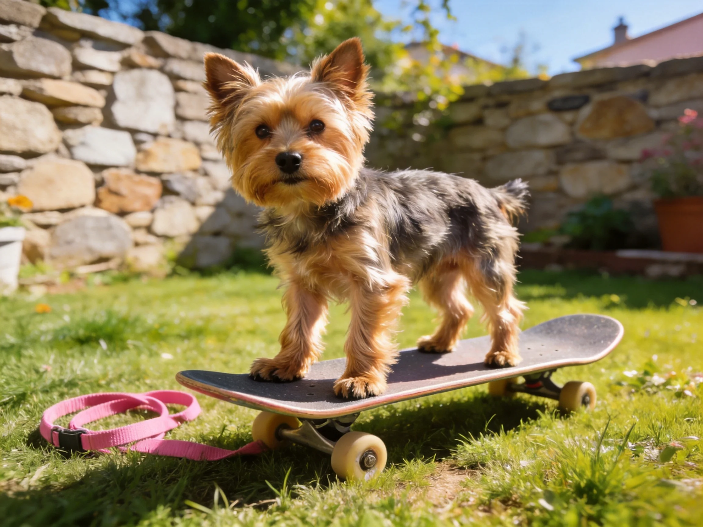 A small dog balances on a skateboard in an outdoor garden.