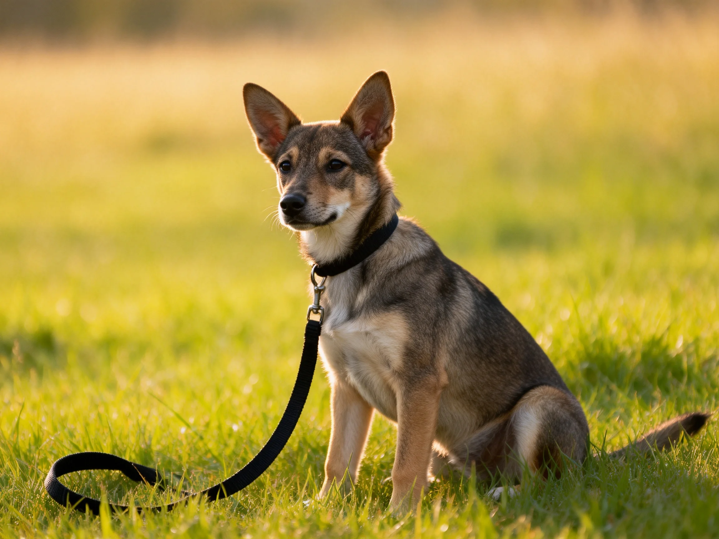 A small mixed-breed dog sits calmly on grass with a leash attached.