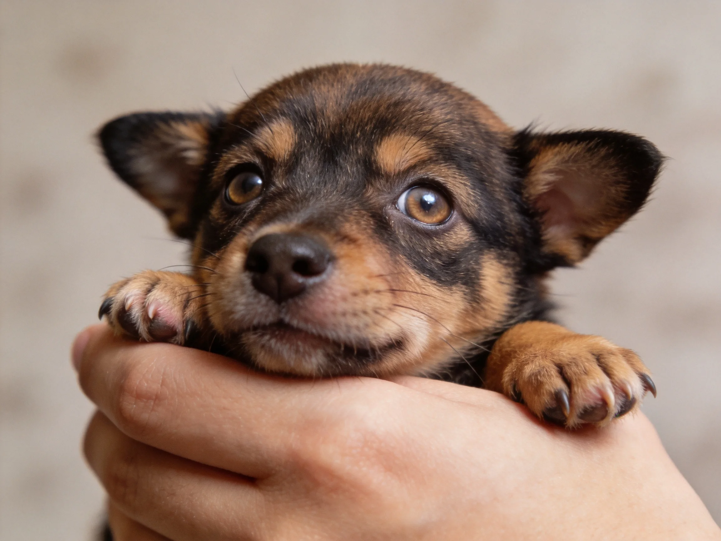 A small brown and tan puppy nestled in a human hand