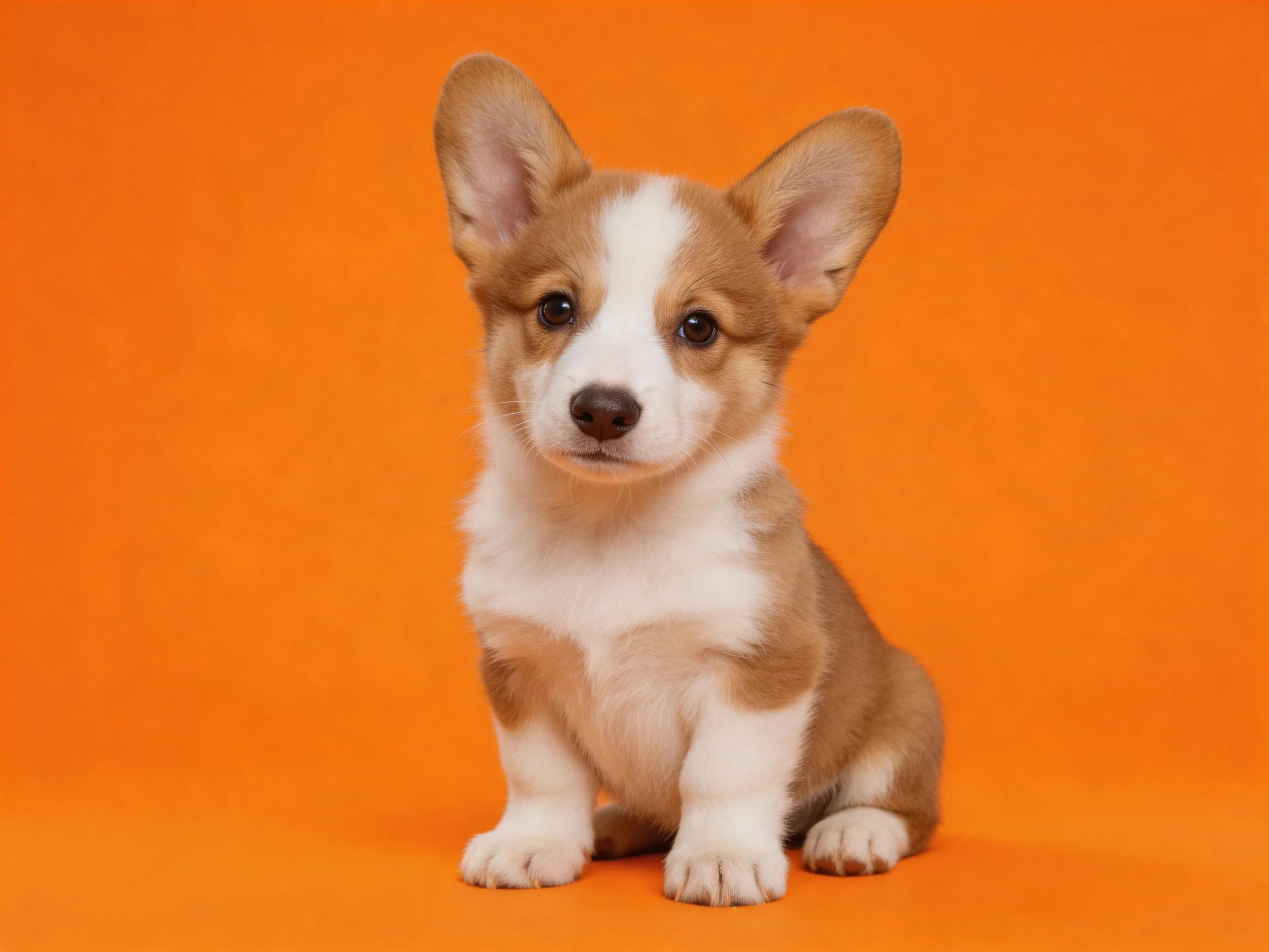 A small brown and white corgi puppy sits calmly on an orange surface.