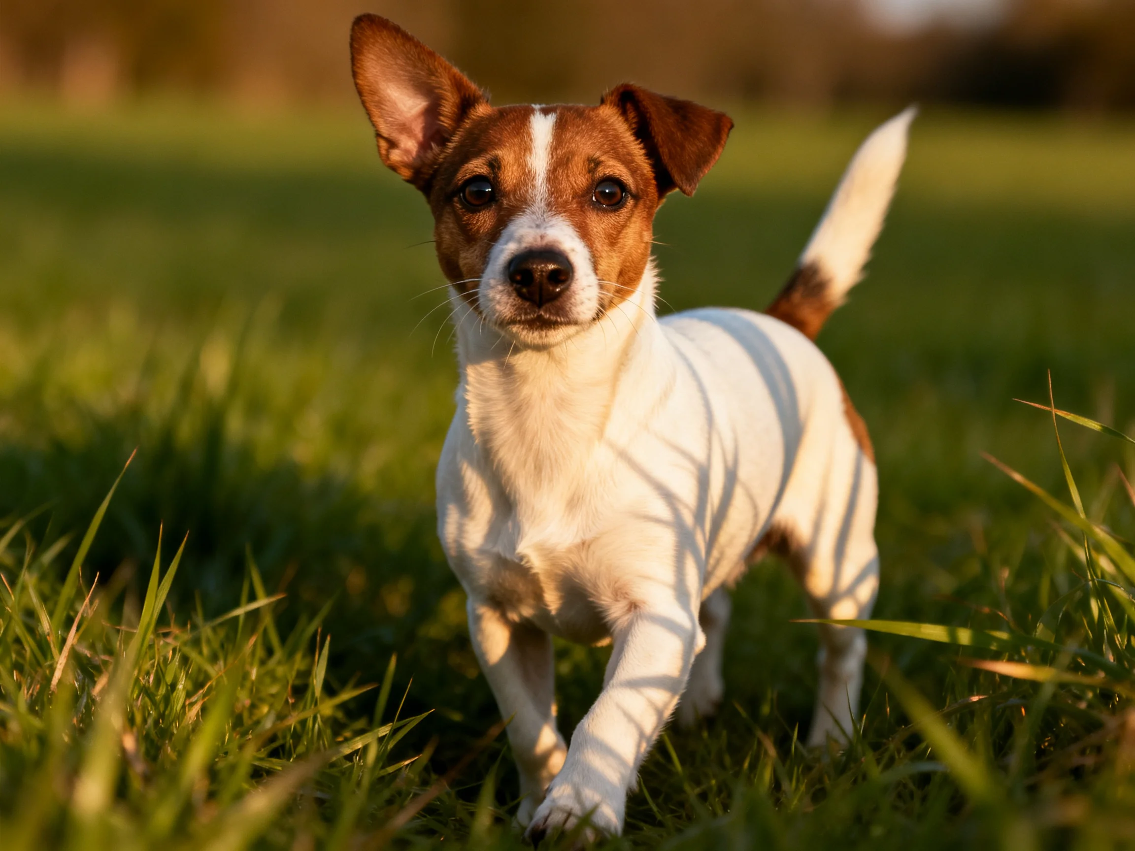 A small brown-and-white dog explores a sunlit grassy field
