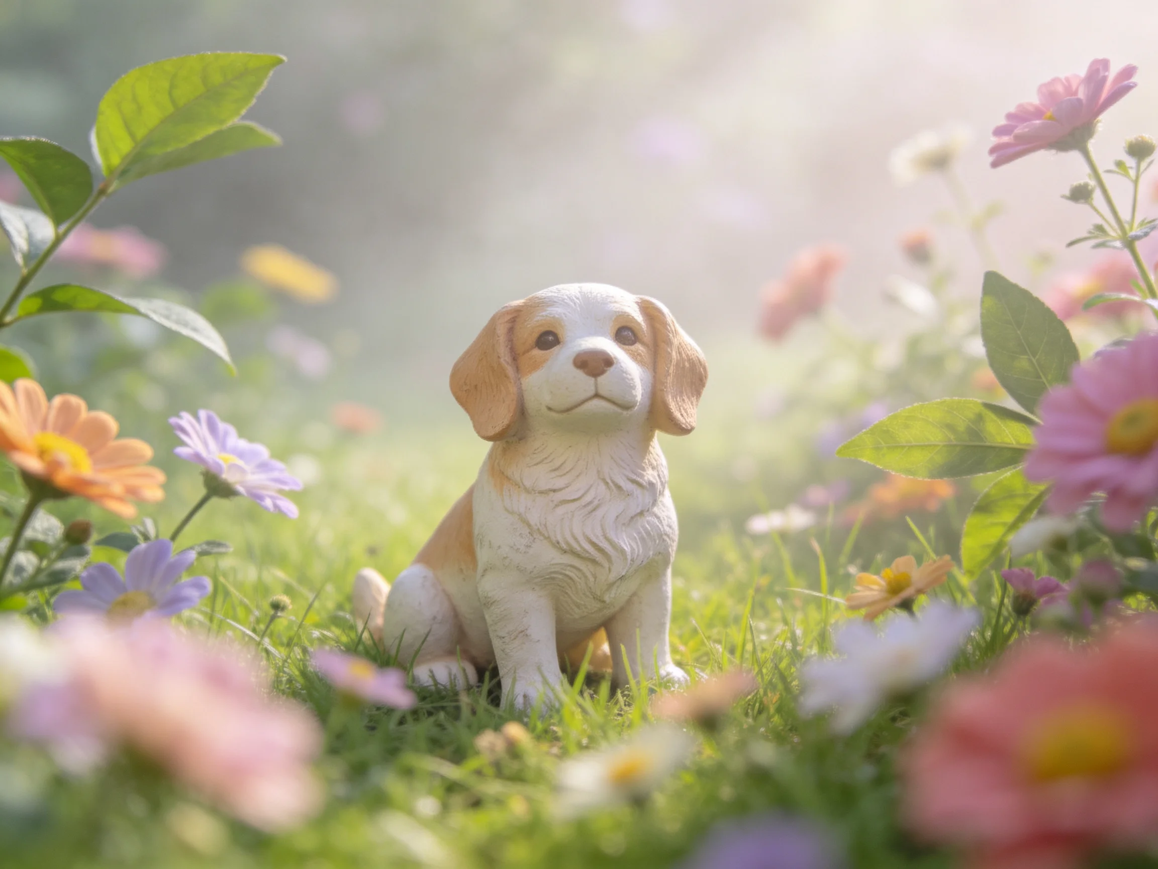 A small brown-and-white dog figurine amid vibrant multicolored flowers in a sunlit meadow.