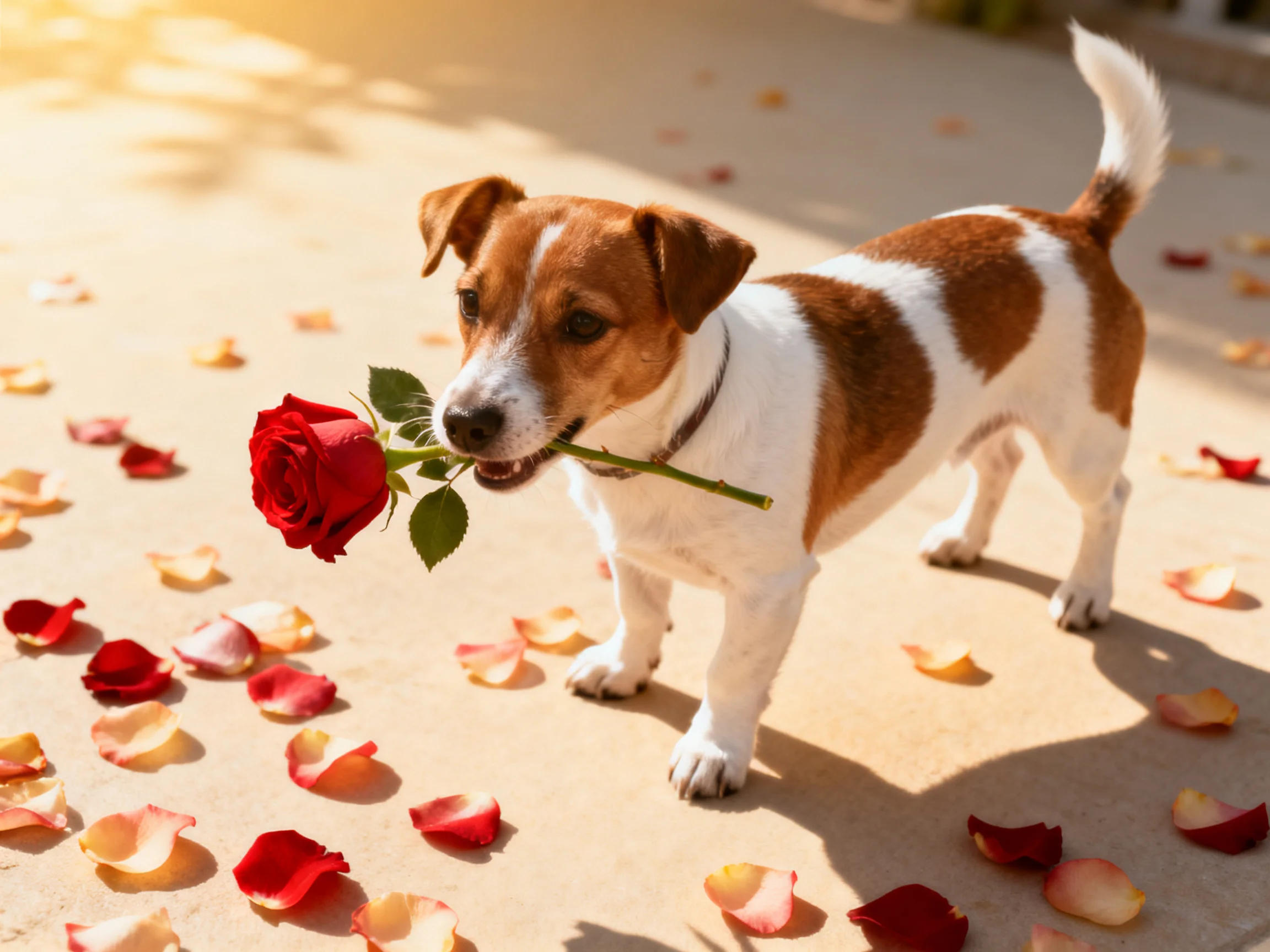 A small dog carries a red rose amidst fallen rose petals.