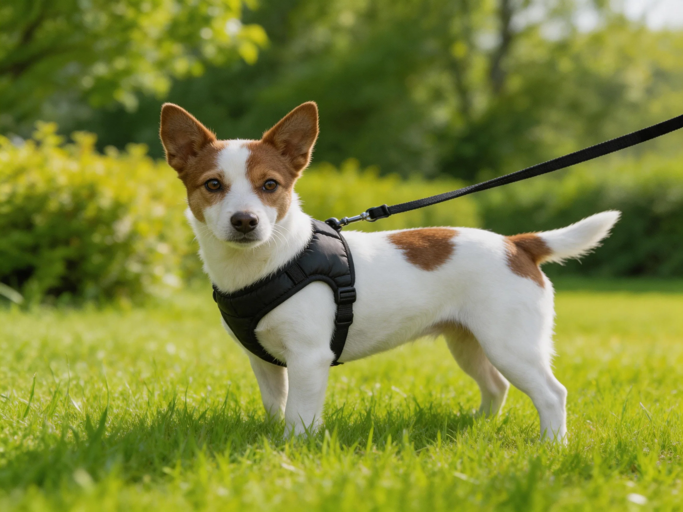 A small brown-and-white dog wears a black harness while standing on green grass.