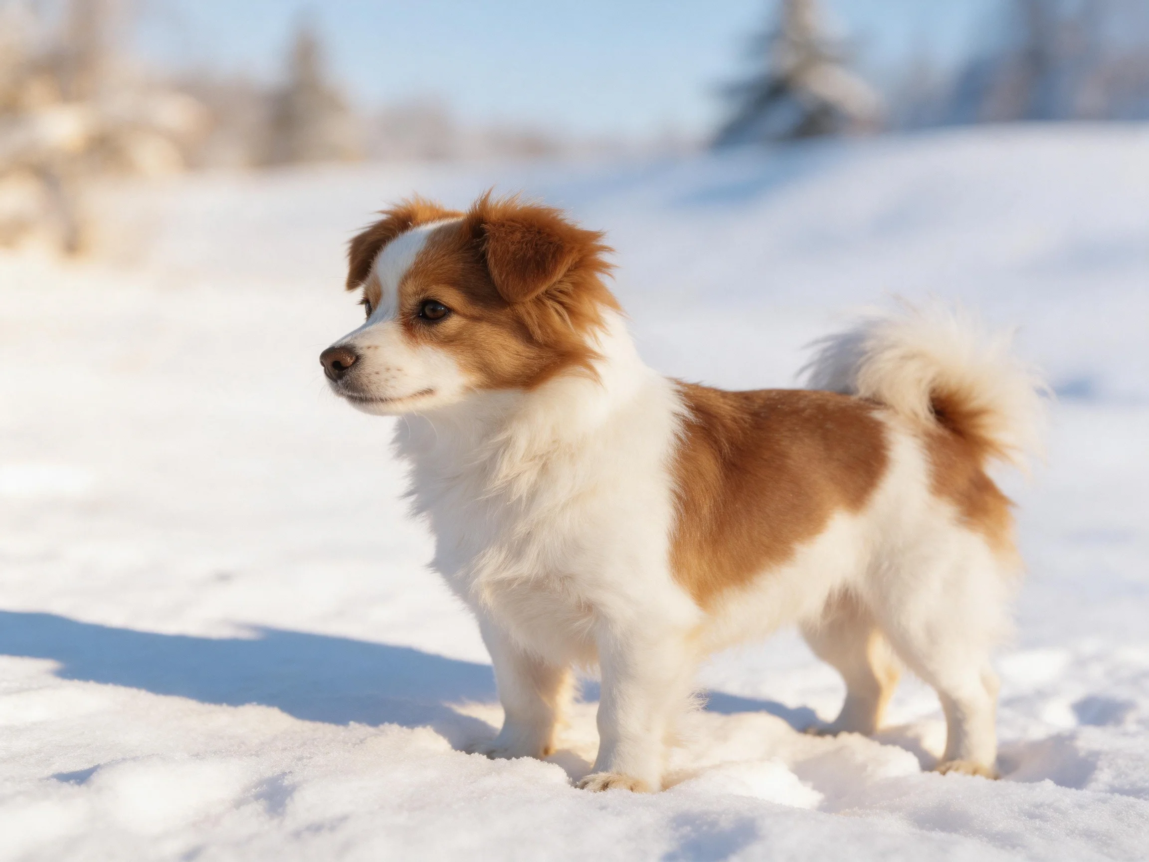 A brown-and-white dog stands in a snowy outdoor setting.