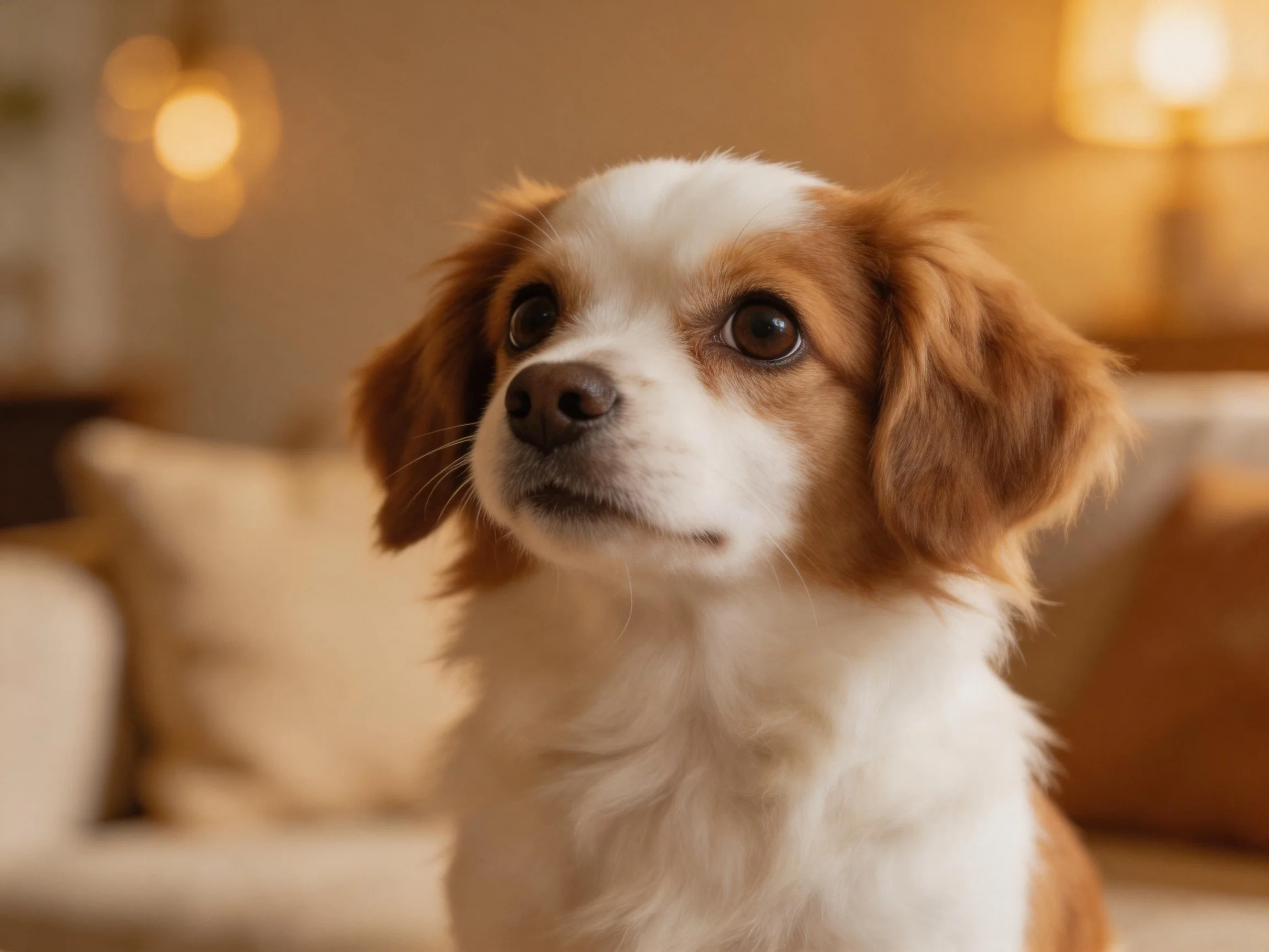 A small brown-and-white dog in a cozy, warmly lit living room