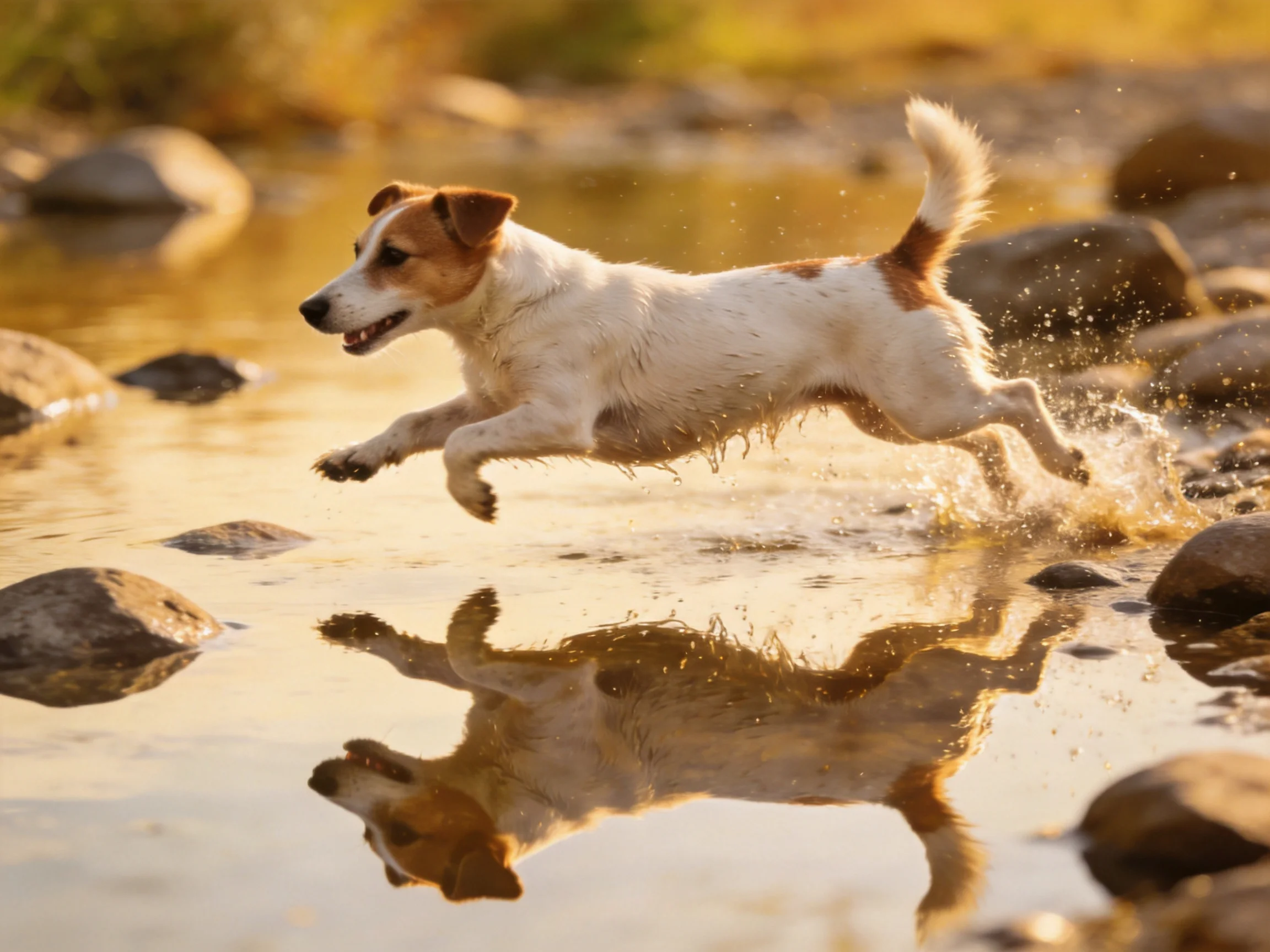 A small brown-and-white dog leaps over a shallow stream with rocky surroundings