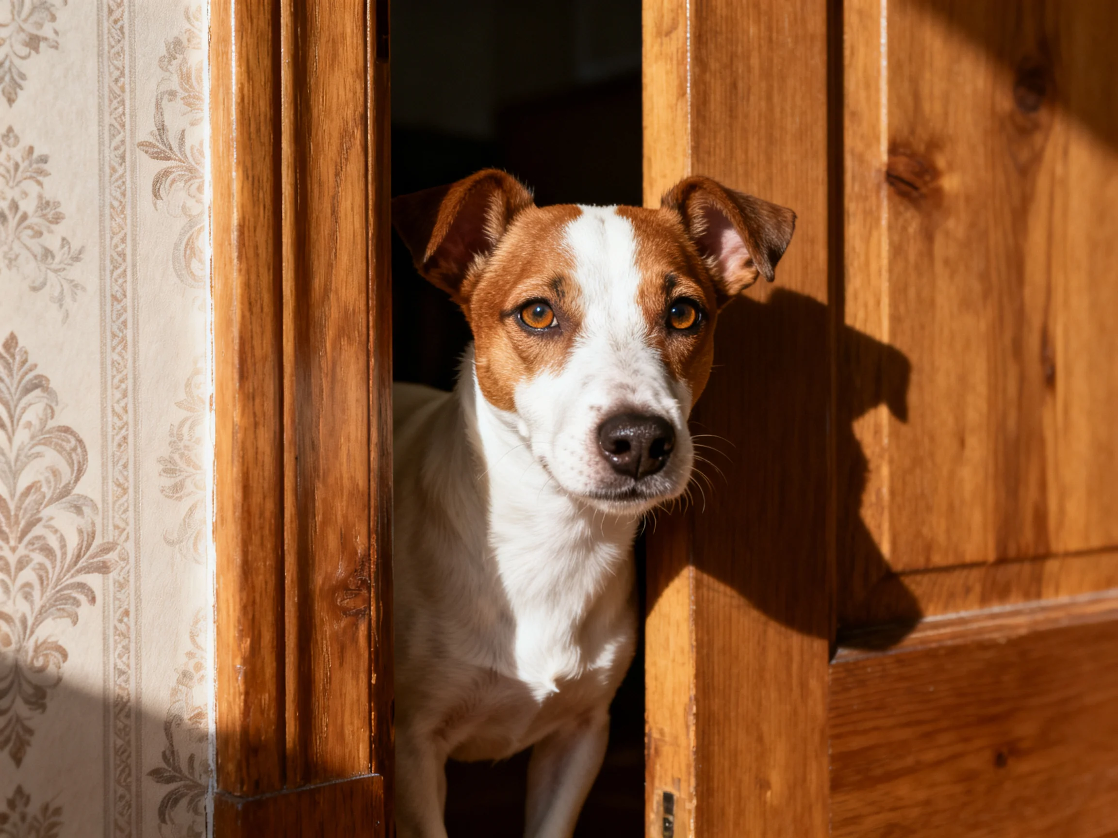 A small brown-and-white dog peers from an open wooden doorway