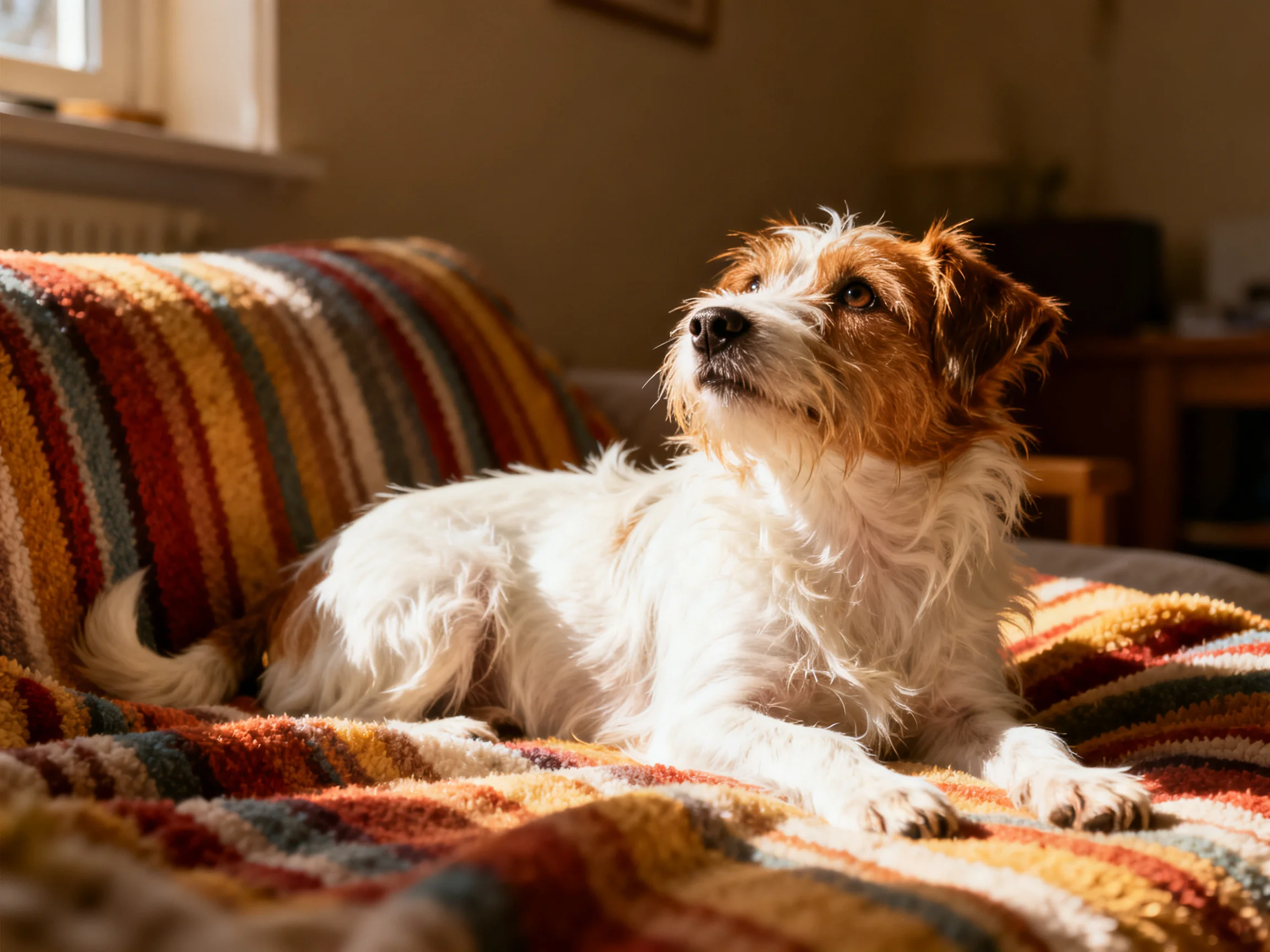 A small dog rests on a striped blanket in a sunlit living space