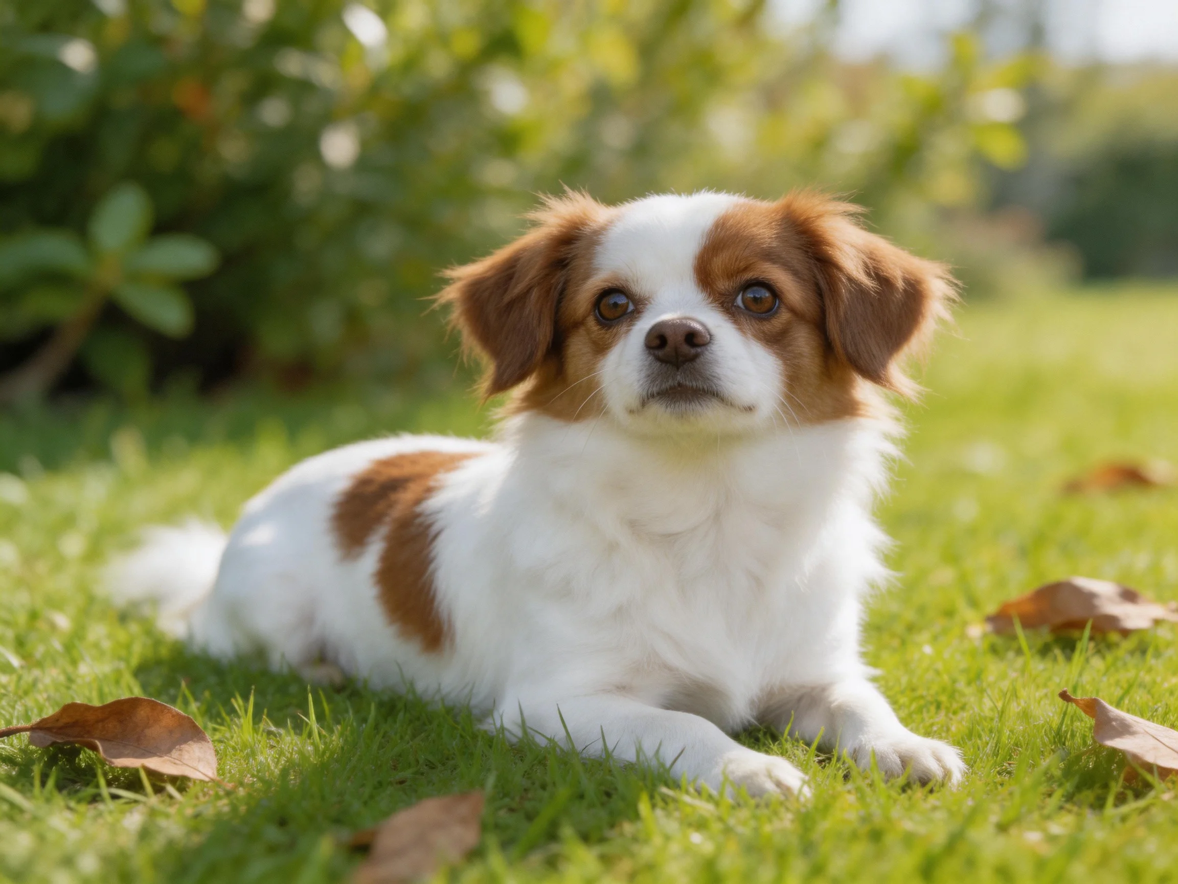 A small brown-and-white dog rests peacefully on green grass near scattered leaves.