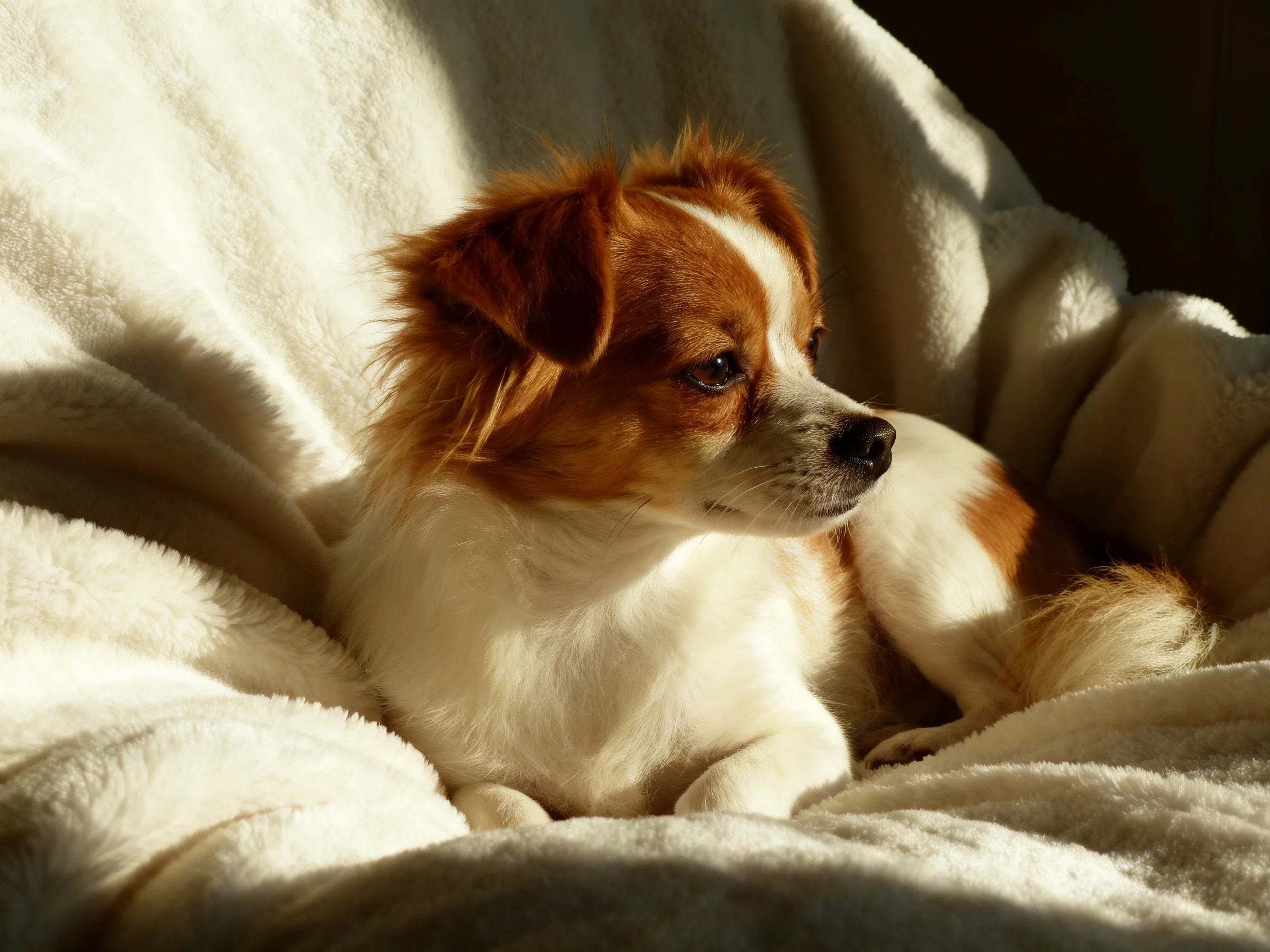 A small brown-and-white dog rests on a plush cream blanket in sunlight.