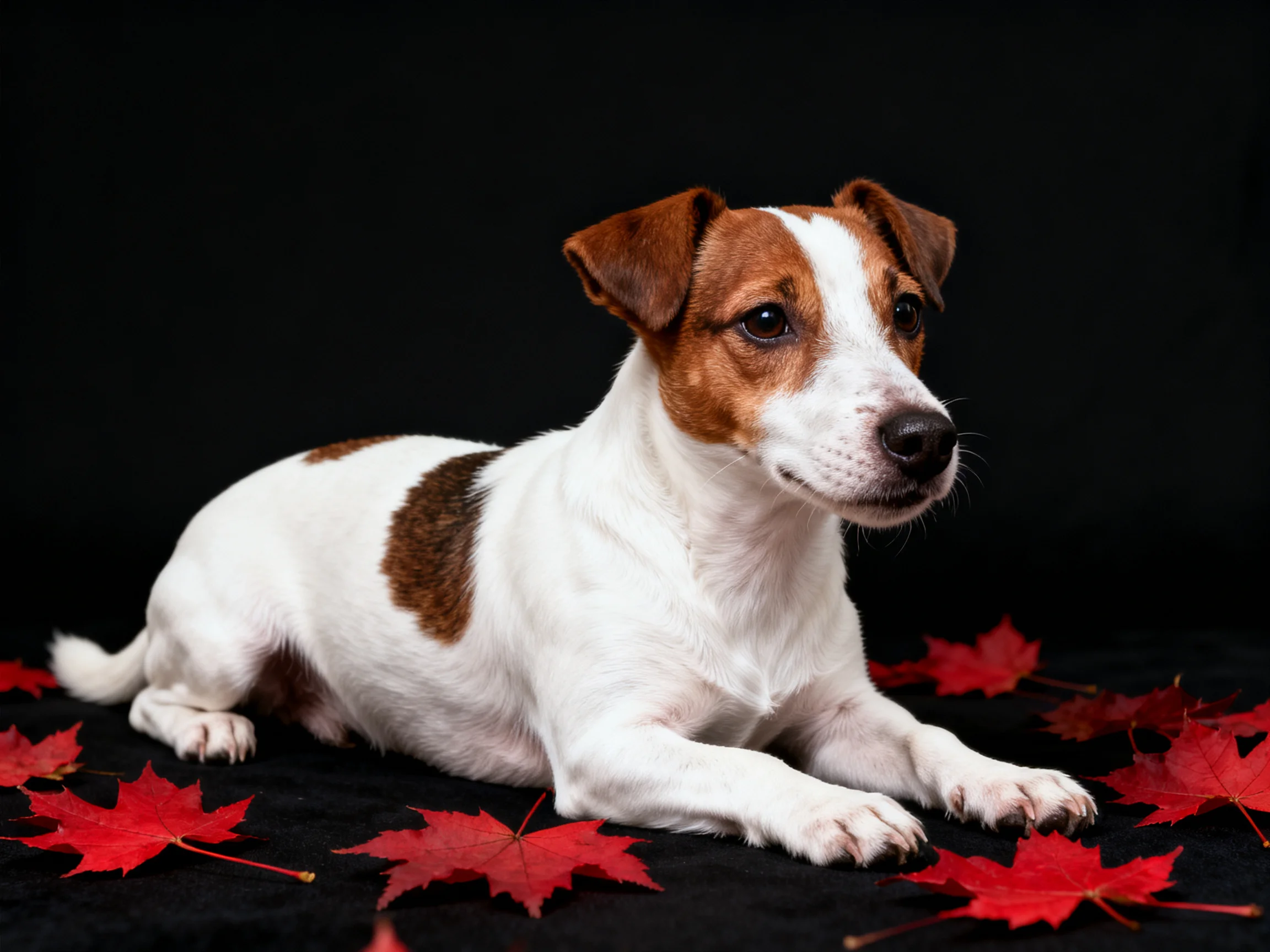 A small brown-and-white dog lies among red maple leaves on a dark backdrop.