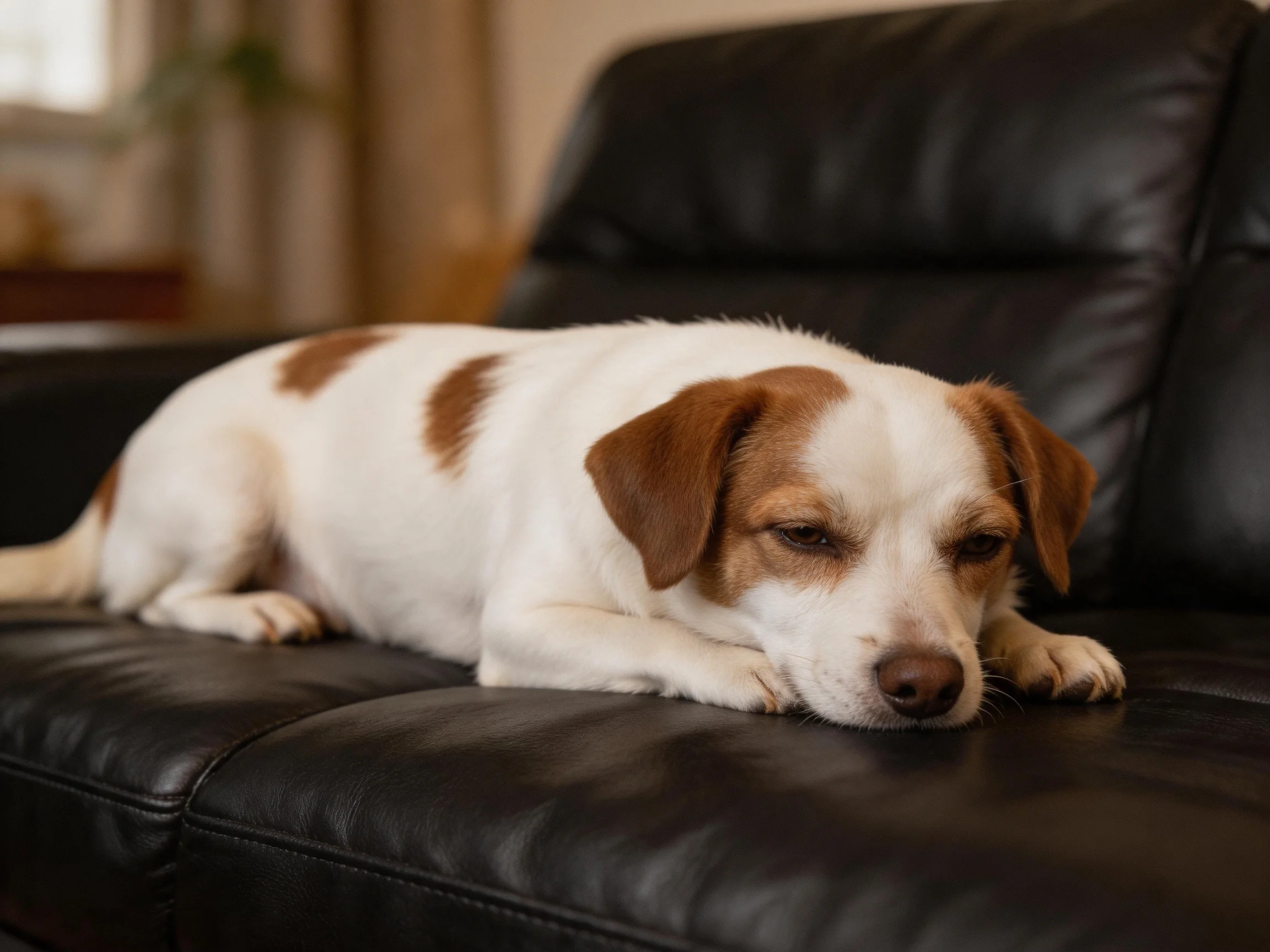 A small brown-and-white dog relaxes on a black leather sofa.
