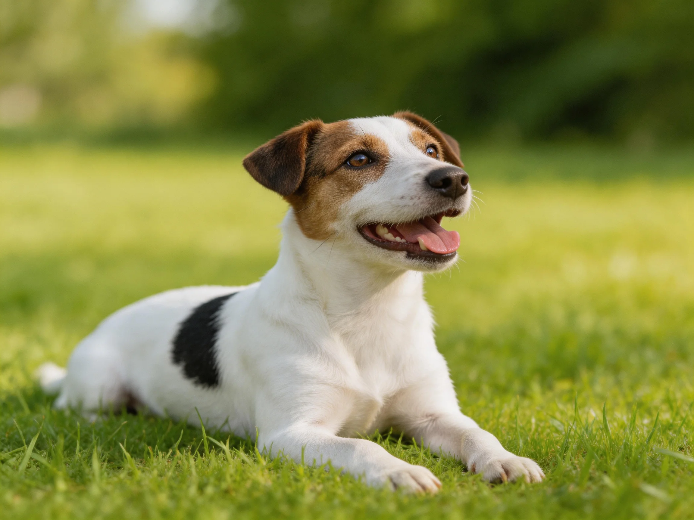 A small brown-and-white dog relaxes on green grass in a sunny outdoor area.