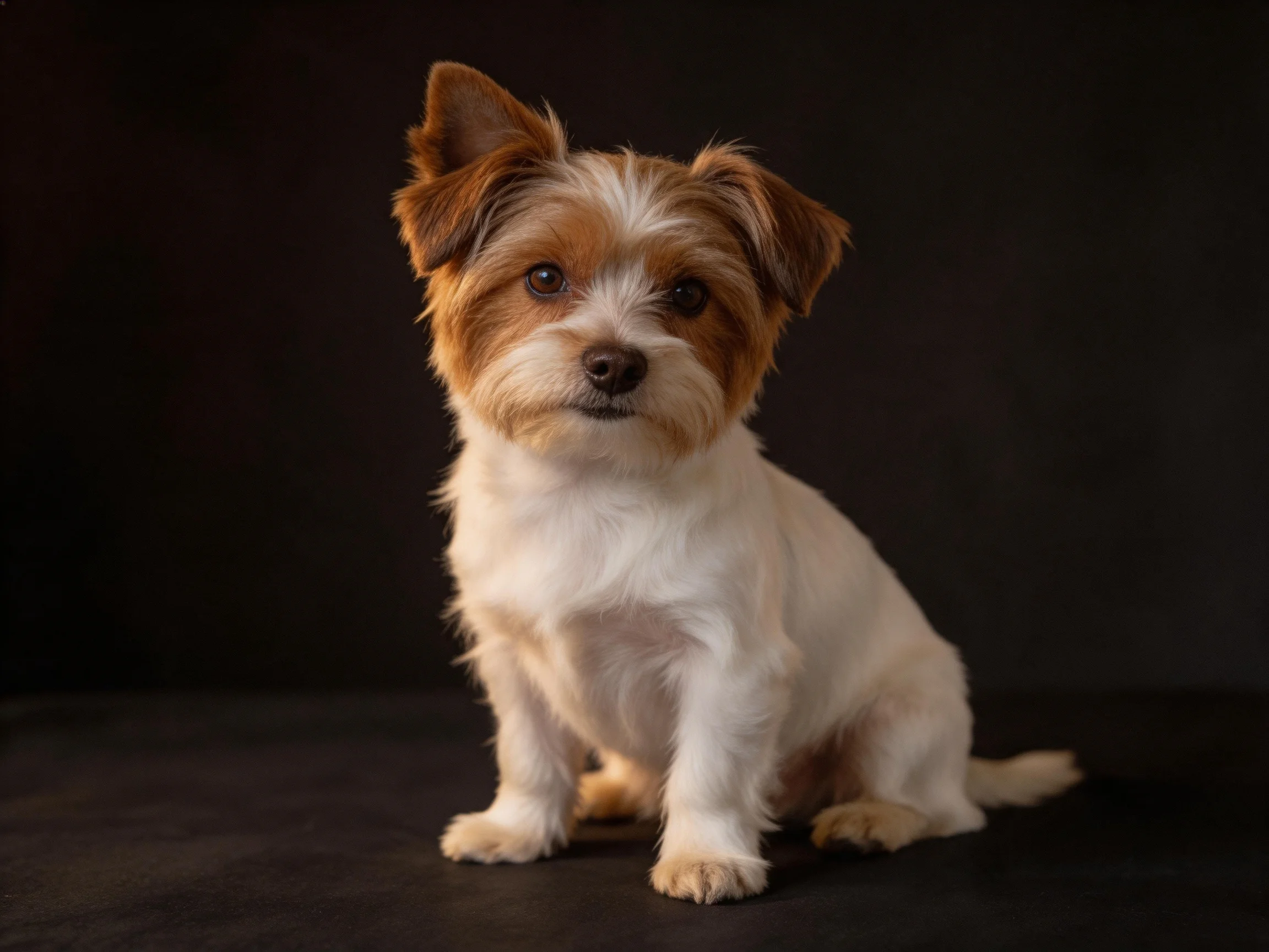 A small brown-and-white dog sits calmly against a dark background