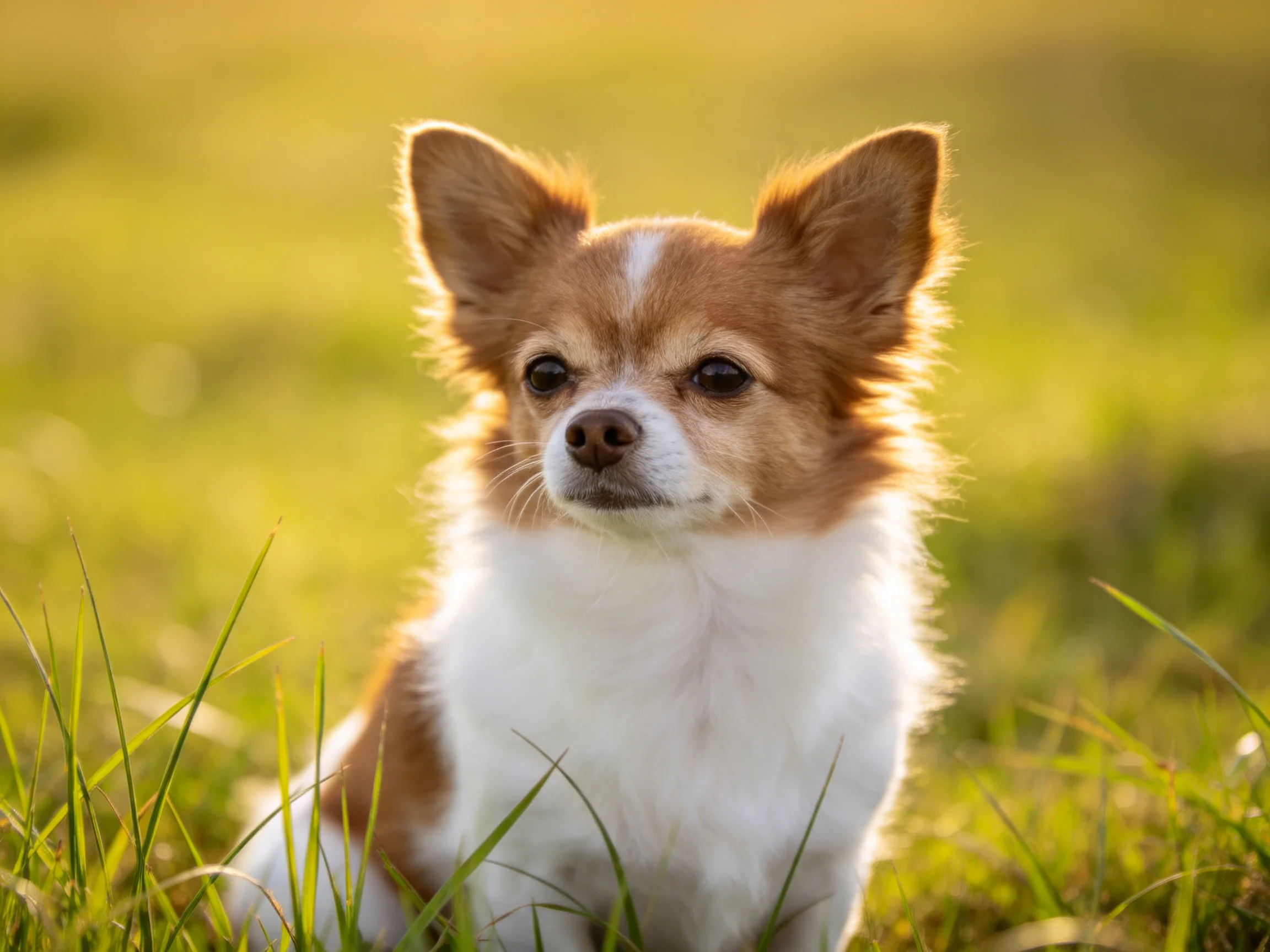 Small brown and white dog sits amid tall green grass in a sunlit outdoor setting.