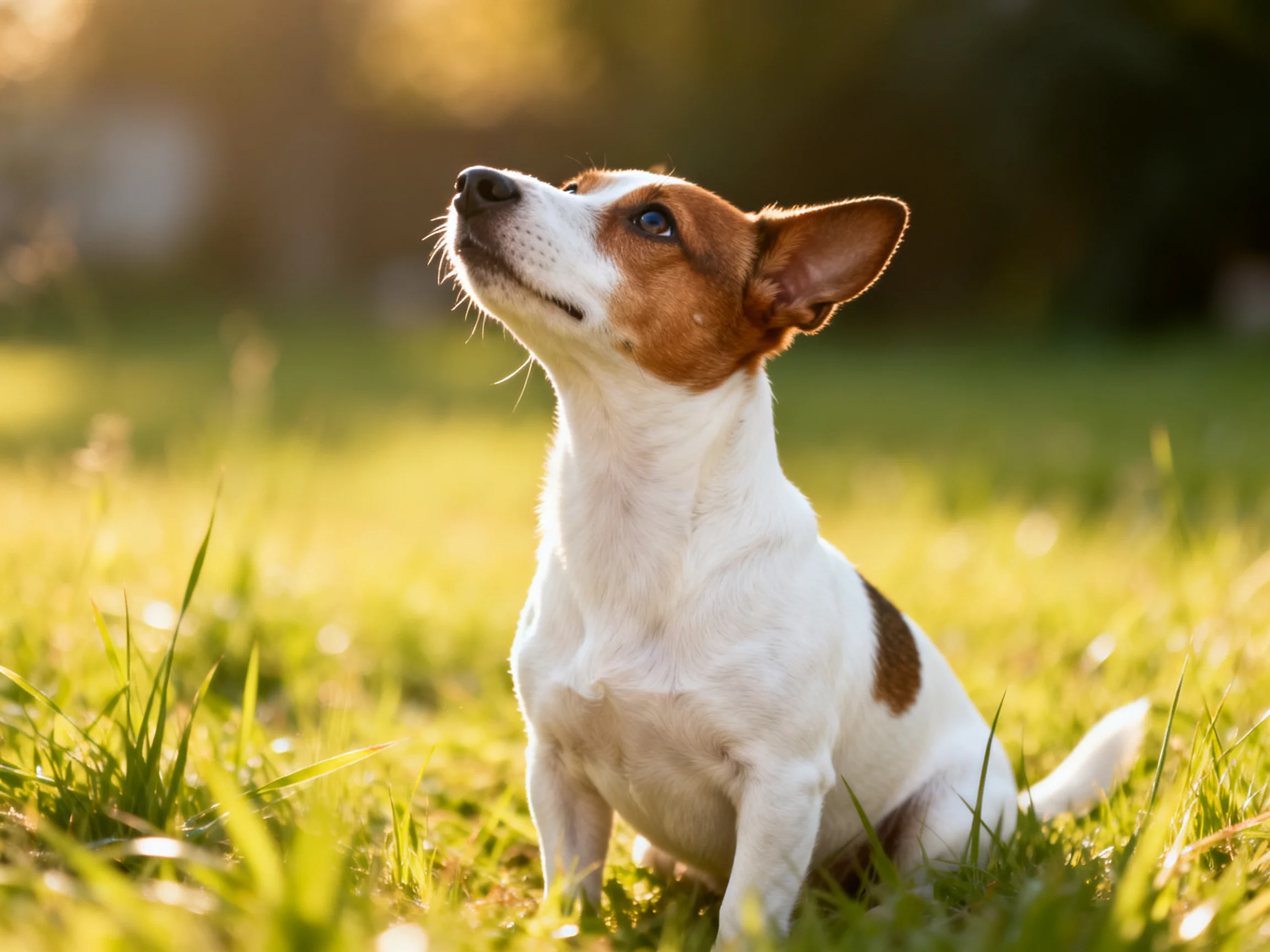 A small brown-and-white dog sits attentively in sunlit grass.